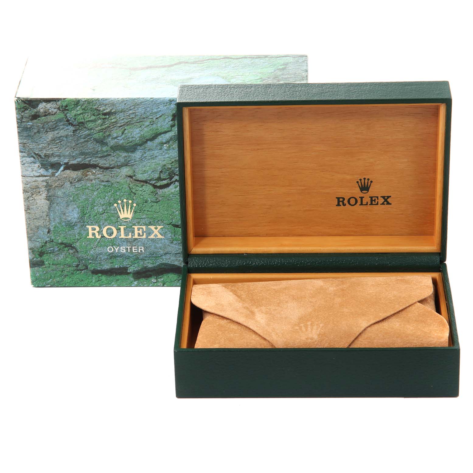 The image shows the opened presentation box for a Rolex Datejust 16264 Men's Stainless Steel Silver Dial 16264 Men's Stainless Steel Silver Dial watch, including an outer box and an inner leather pouch.