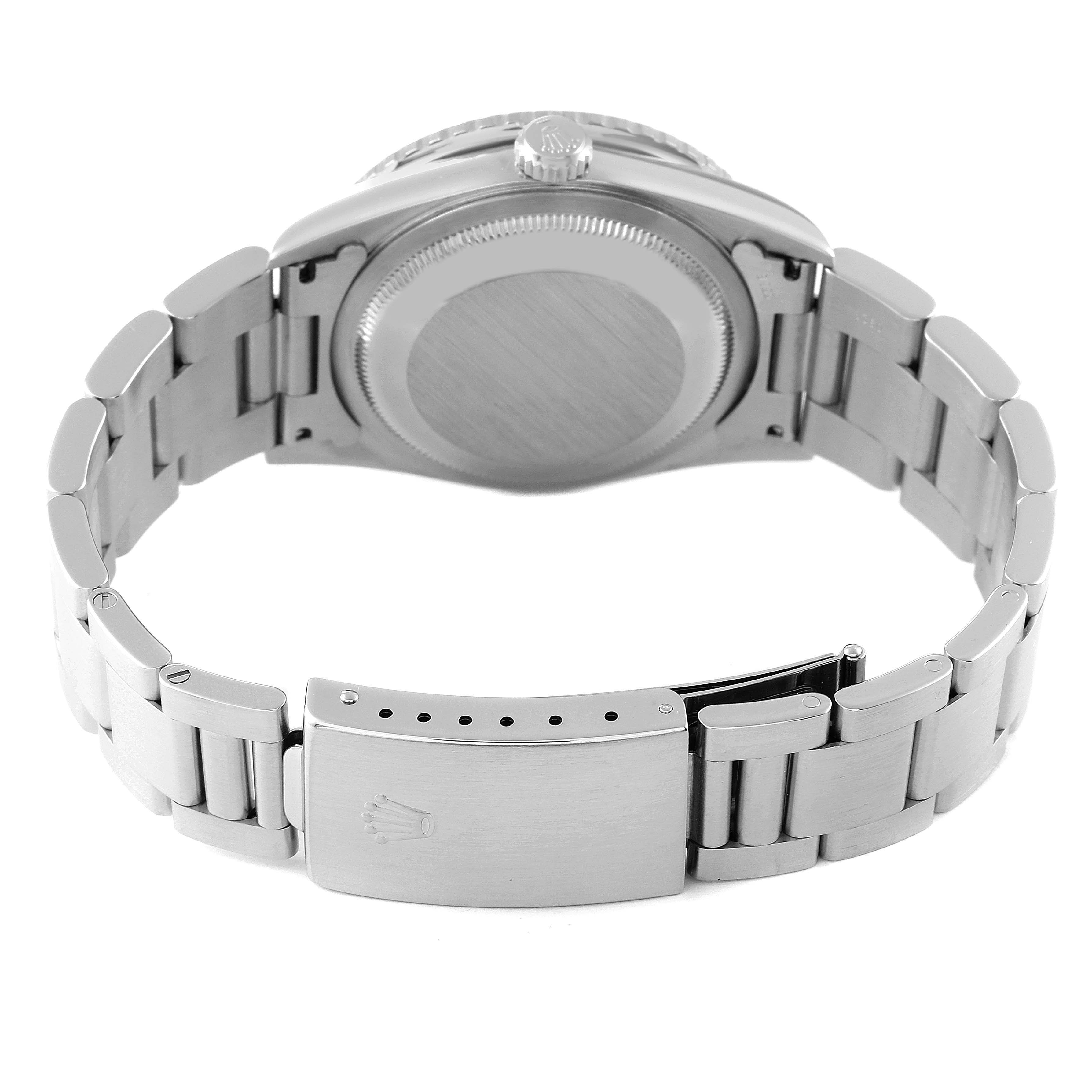 This image shows the back and partially opened clasp of a Rolex Datejust 16264 Men's Stainless Steel Silver Dial 16264 Men's Stainless Steel Silver Dial watch, highlighting its bracelet and case back.