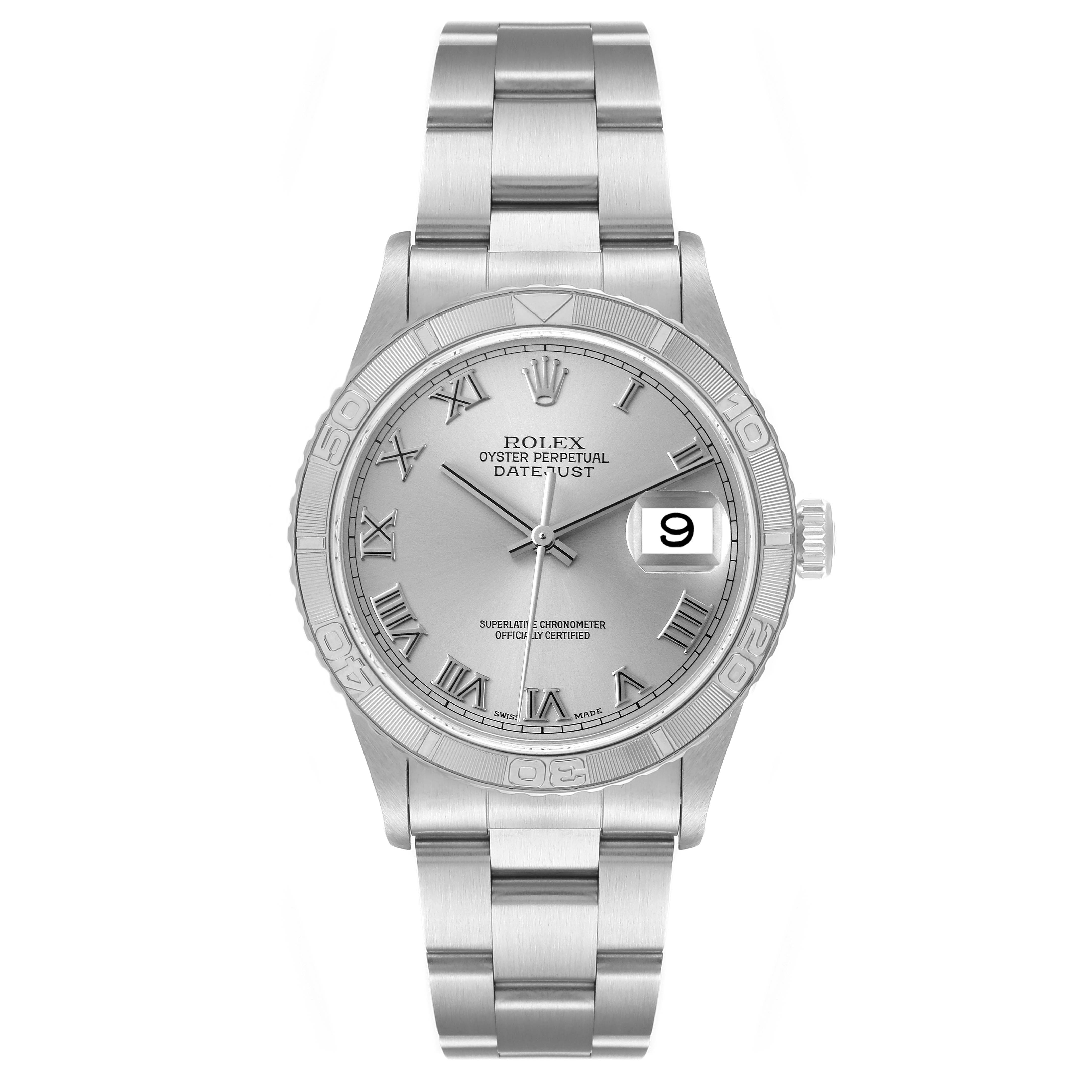 The Rolex Datejust 16264 Men's Stainless Steel Silver Dial 16264 Men's Stainless Steel Silver Dial watch is shown from a front angle, displaying the dial, bracelet, bezel, and date magnifier.