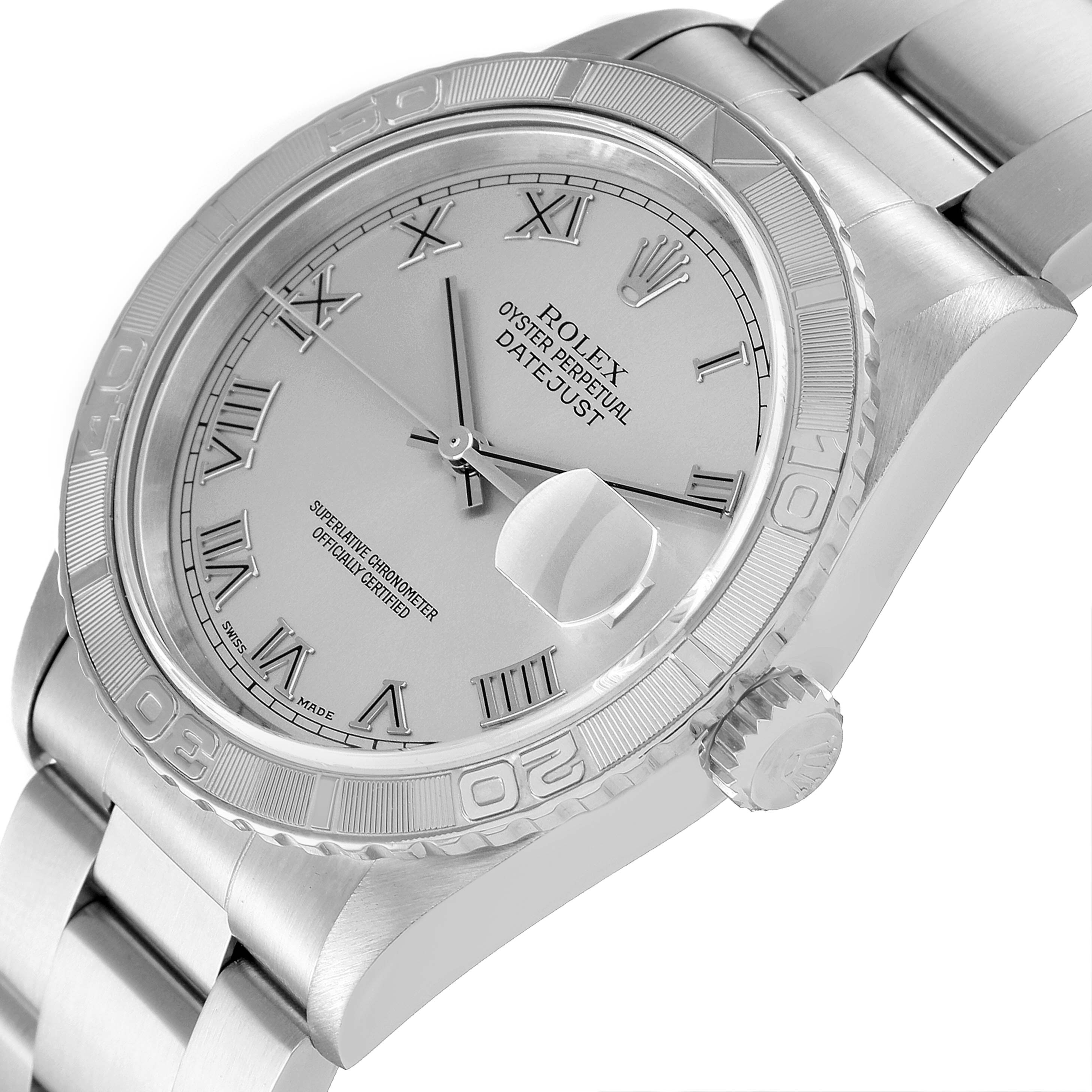 The angled view shows the face, bezel, crown, and part of the bracelet of the Rolex Datejust 16264 Men's Stainless Steel Silver Dial 16264 Men's Stainless Steel Silver Dial watch.