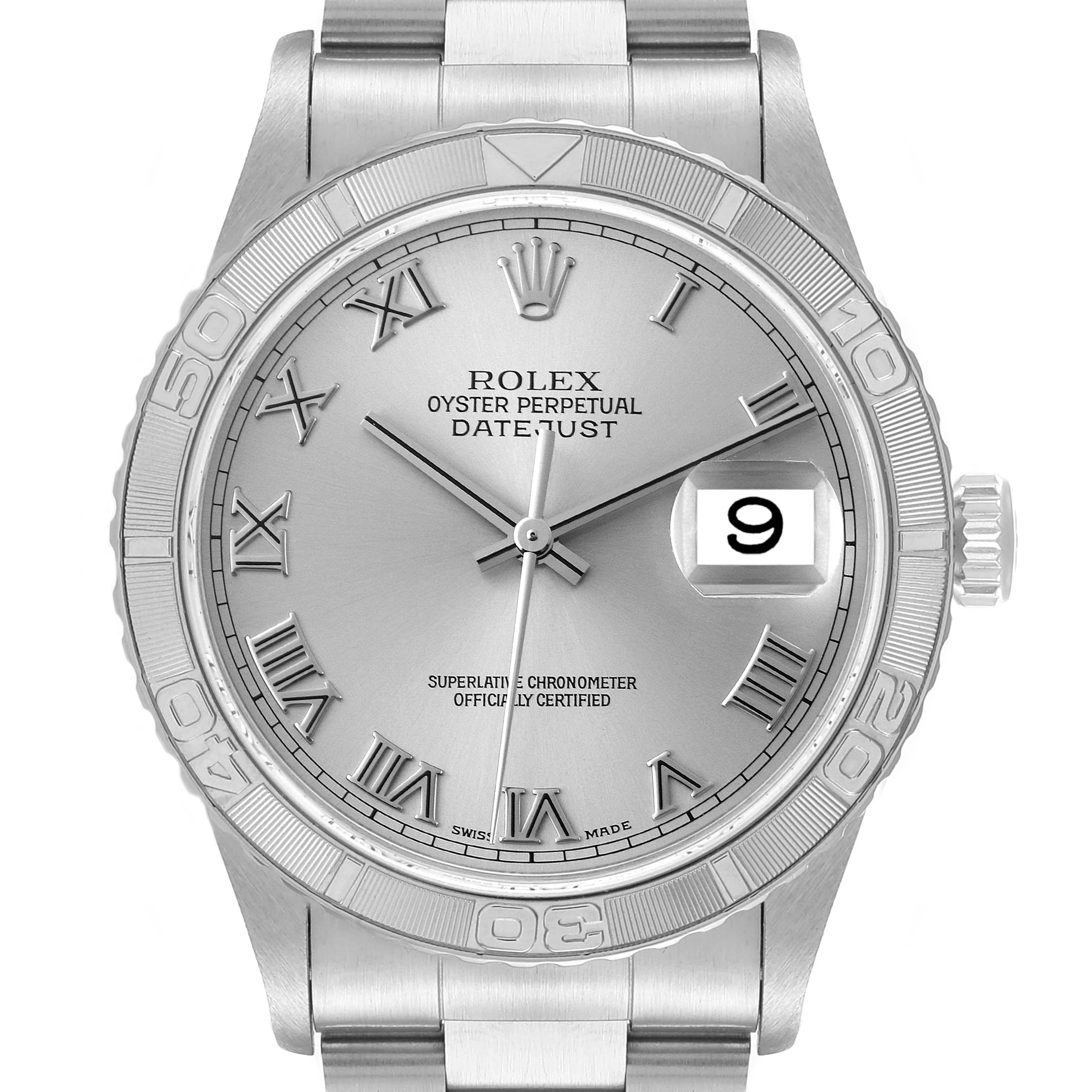 The image shows a front view of a Rolex Datejust 16264 Men's Stainless Steel Silver Dial 16264 Men's Stainless Steel Silver Dial watch, highlighting the dial, bezel, crown, and part of the bracelet.