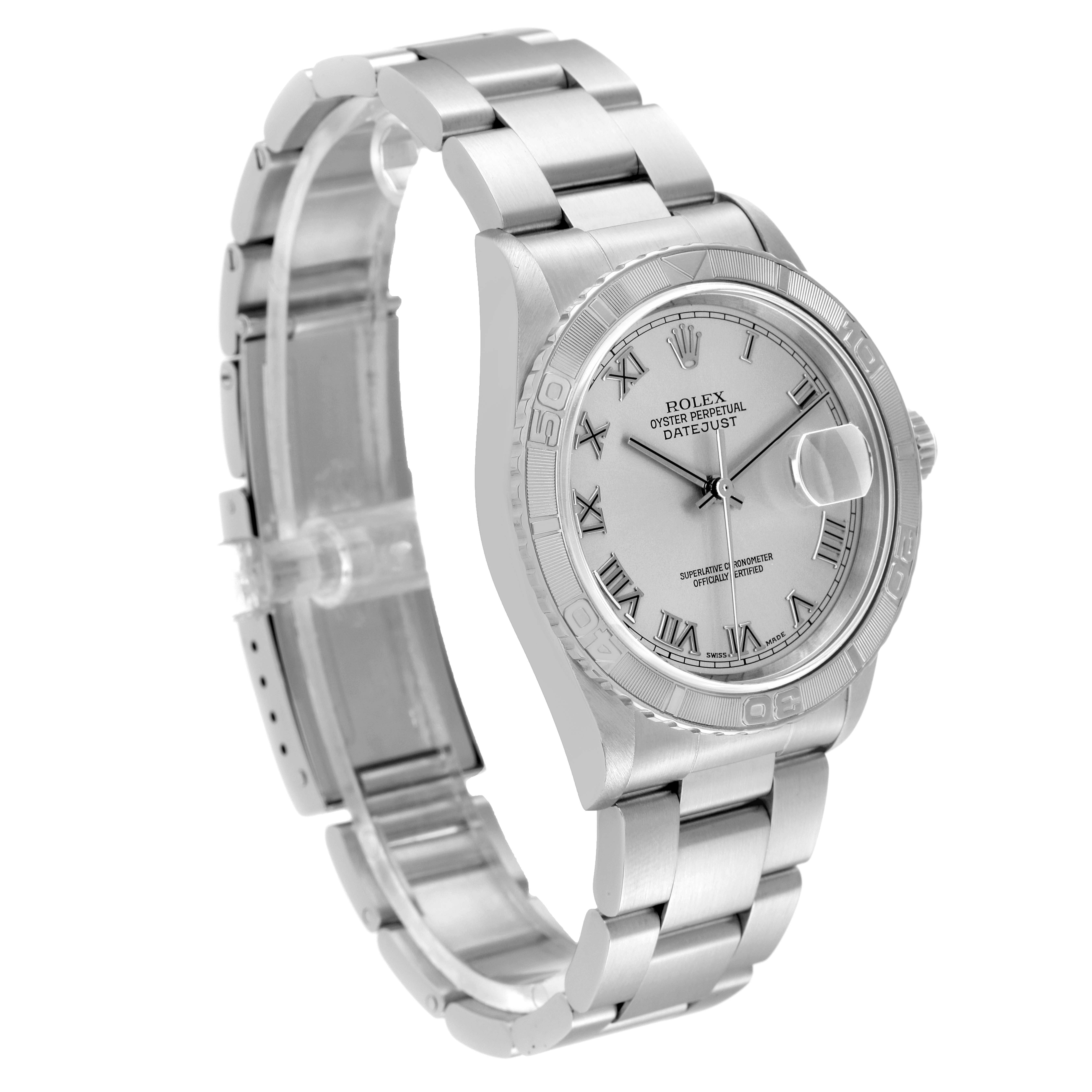 The Rolex Datejust 16264 Men's Stainless Steel Silver Dial 16264 Men's Stainless Steel Silver Dial watch is shown from a front-left angle, highlighting the dial, bezel, and part of the bracelet.