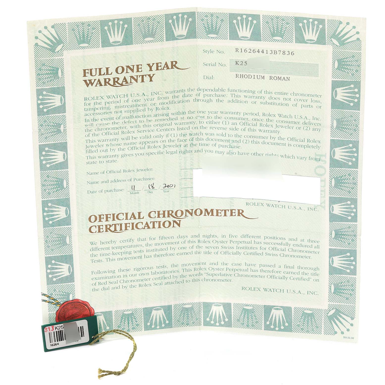 The image shows a full one-year warranty and chronometer certification for a Rolex Datejust 16264 Men's Stainless Steel Silver Dial 16264 Men's Stainless Steel Silver Dial watch.