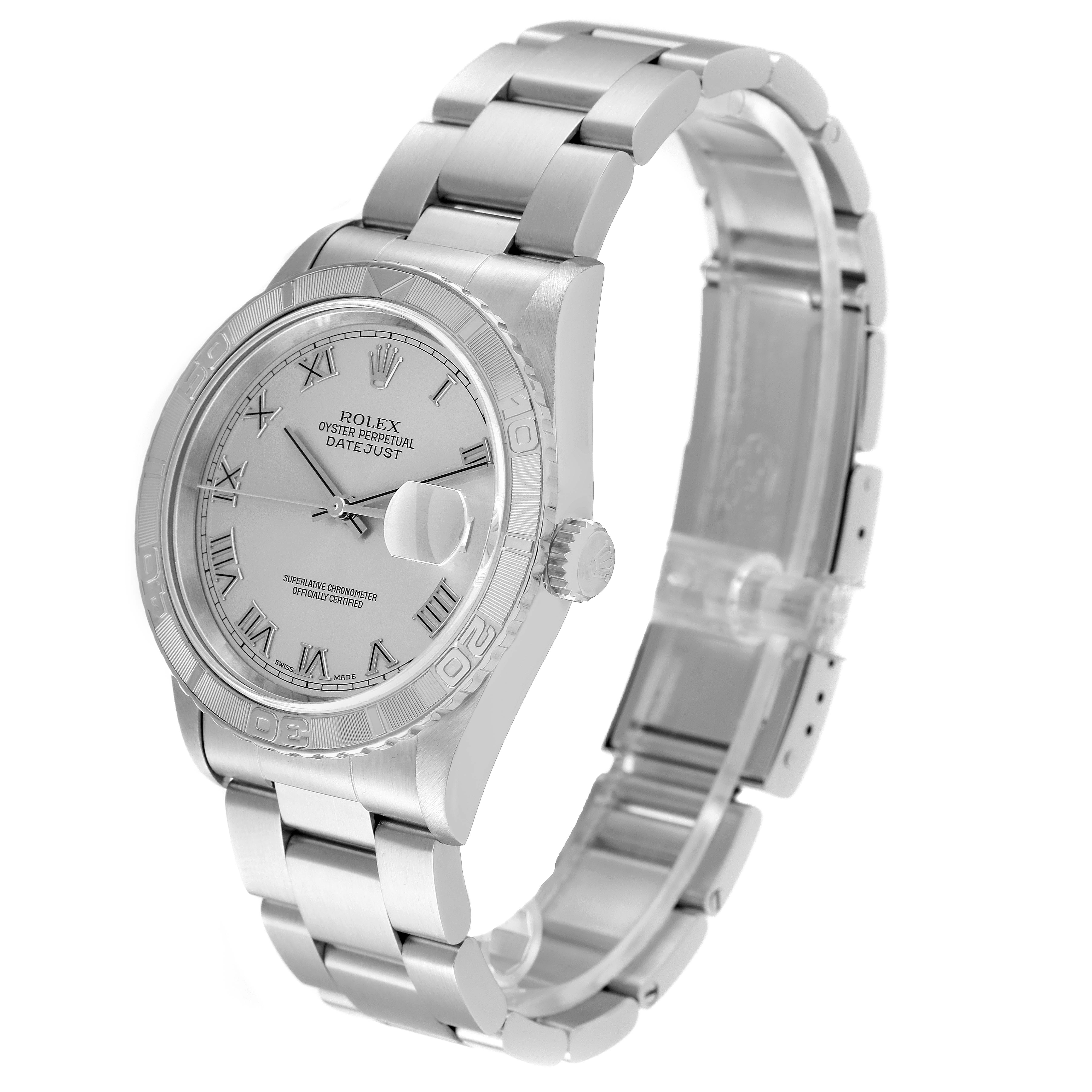 The image shows a side angle view of a Rolex Datejust 16264 Men's Stainless Steel Silver Dial 16264 Men's Stainless Steel Silver Dial watch, highlighting its silver dial and bracelet.