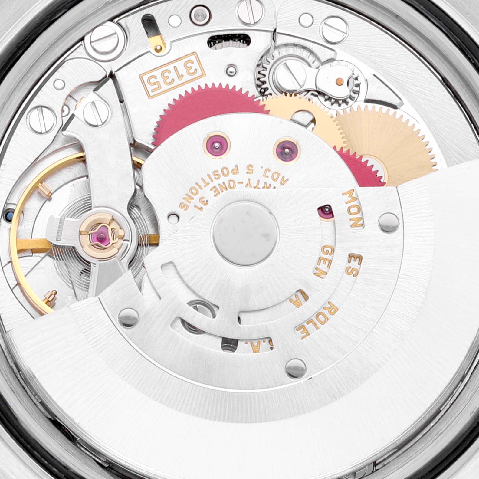 This image shows the intricate internal movement mechanism of the Rolex Datejust 16264 Men's Stainless Steel Silver Dial 16264 Men's Stainless Steel Silver Dial watch model, photographed from a close-up angle.