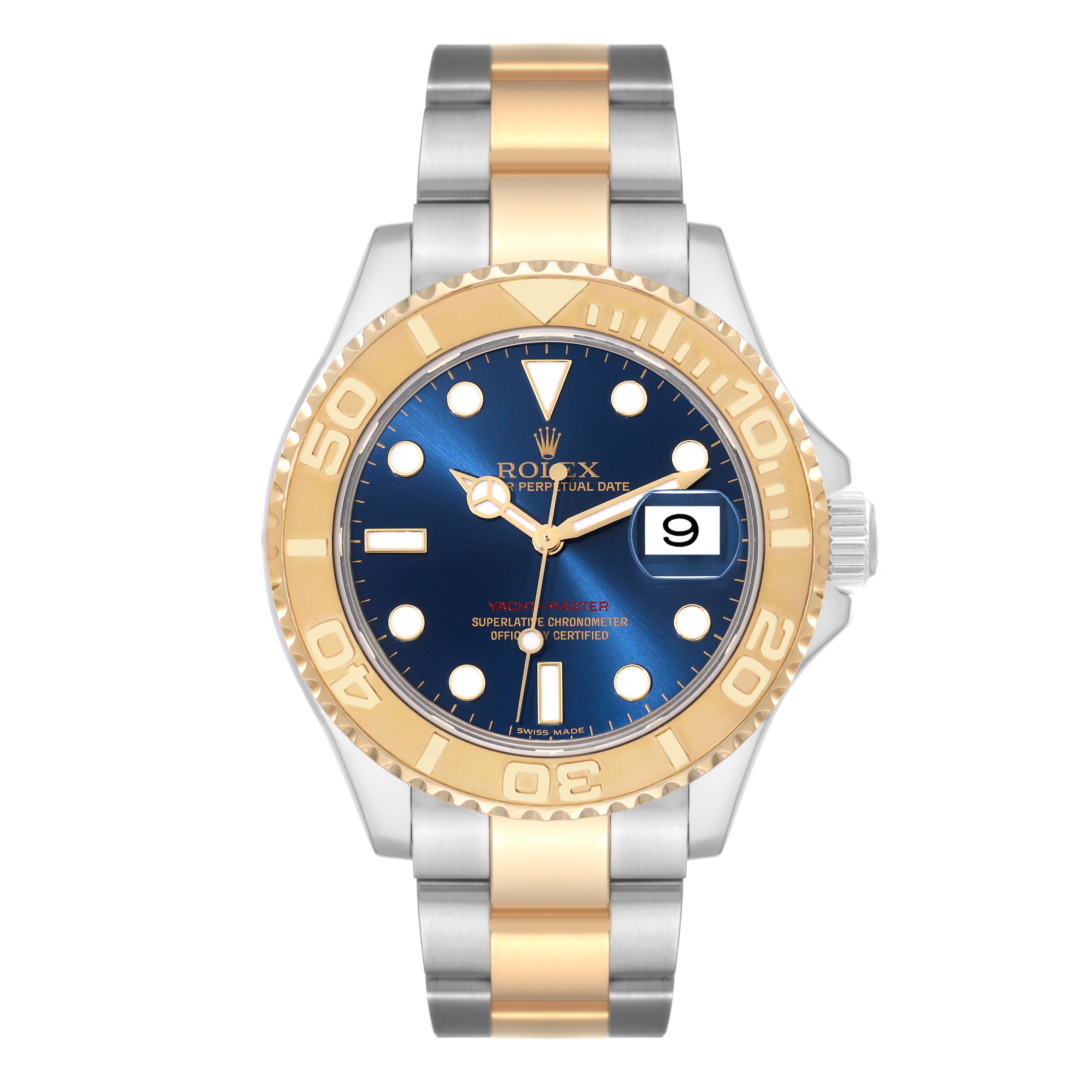 The Rolex Yacht-Master 16623 Men
s Steel and Gold (two tone) Blue Dial 16623 Men
s Steel and Gold (two tone) Blue Dial watch is shown from a front angle, displaying the face, bezel, and part of the bracelet.