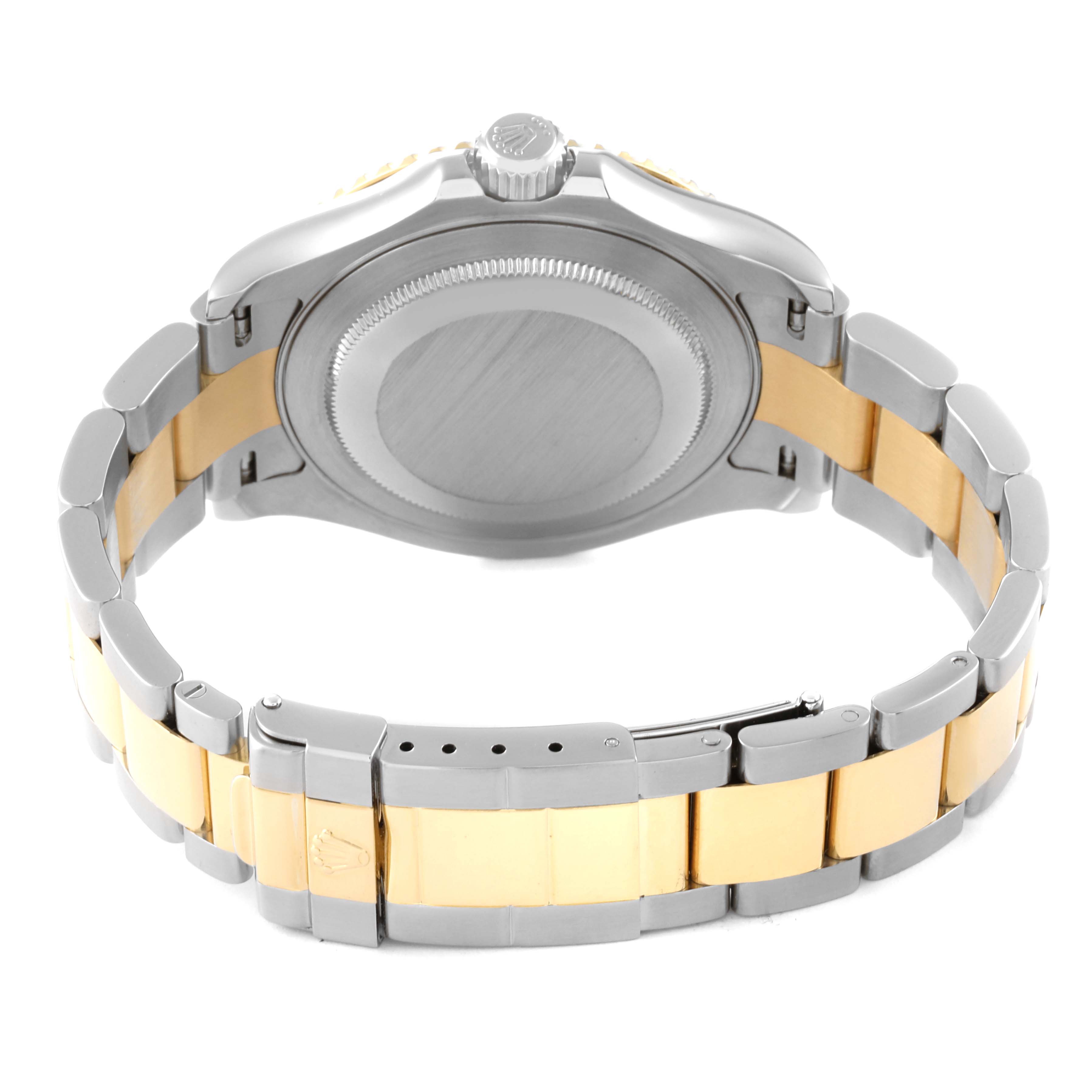 This image shows the back view and bracelet of a Rolex Yacht-Master 16623 Men
s Steel and Gold (two tone) Blue Dial 16623 Men
s Steel and Gold (two tone) Blue Dial watch with a two-tone metal finish.