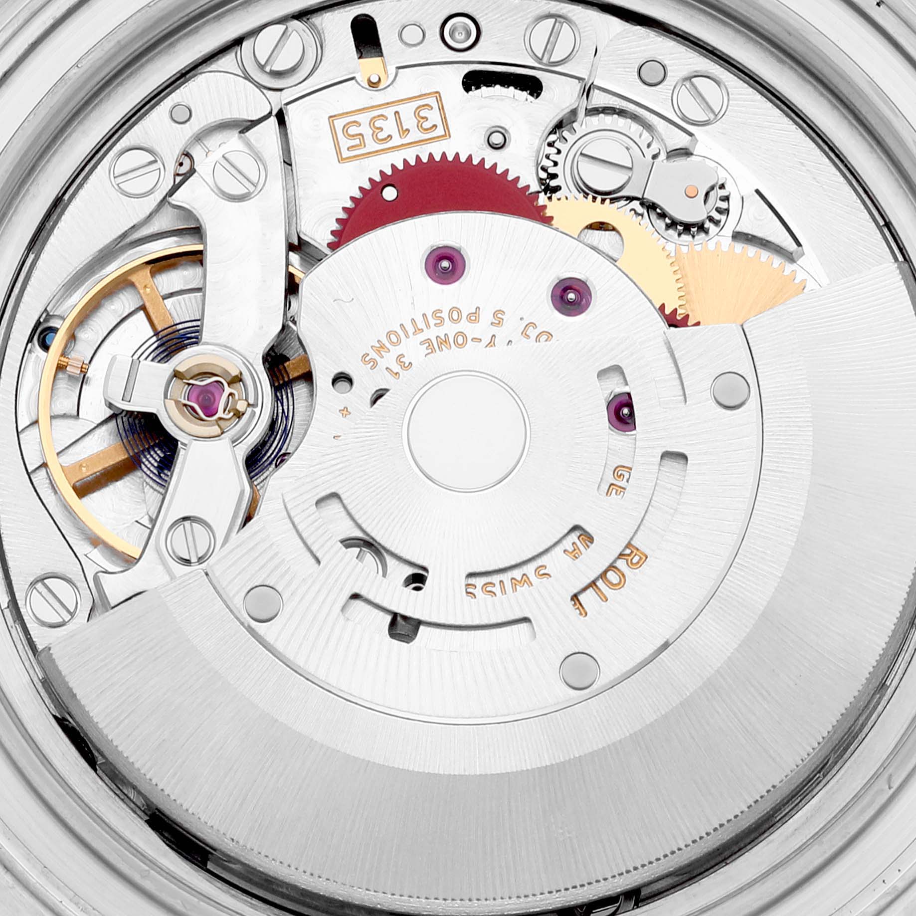 This image shows the intricate internal mechanism of a Rolex Yacht-Master 16623 Men
s Steel and Gold (two tone) Blue Dial 16623 Men
s Steel and Gold (two tone) Blue Dial watch from a close-up, top-down angle.