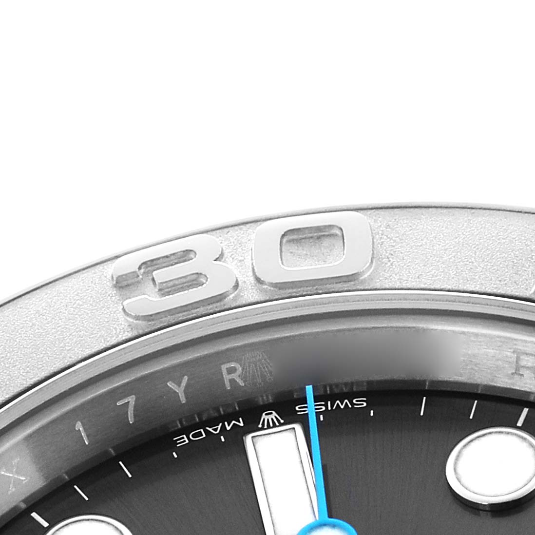 The image shows a close-up of the bezel and part of the dial of a Rolex Yacht-Master 126622 Men
s Stainless Steel Grey Dial, highlighting the "30" marker.