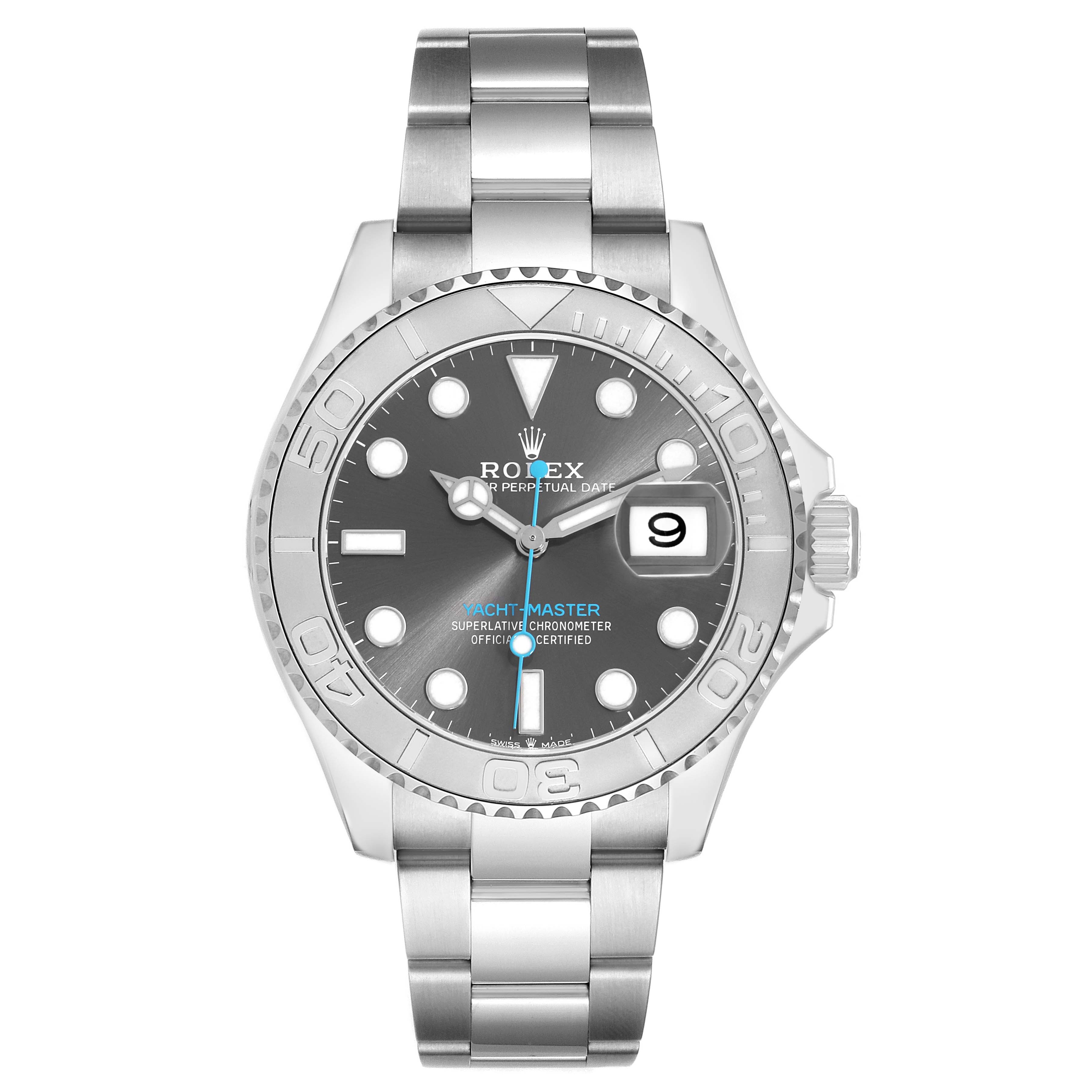 The Rolex Yacht-Master 126622 Men
s Stainless Steel Grey Dial watch is shown from the front, displaying the dial, bezel, and bracelet prominently.