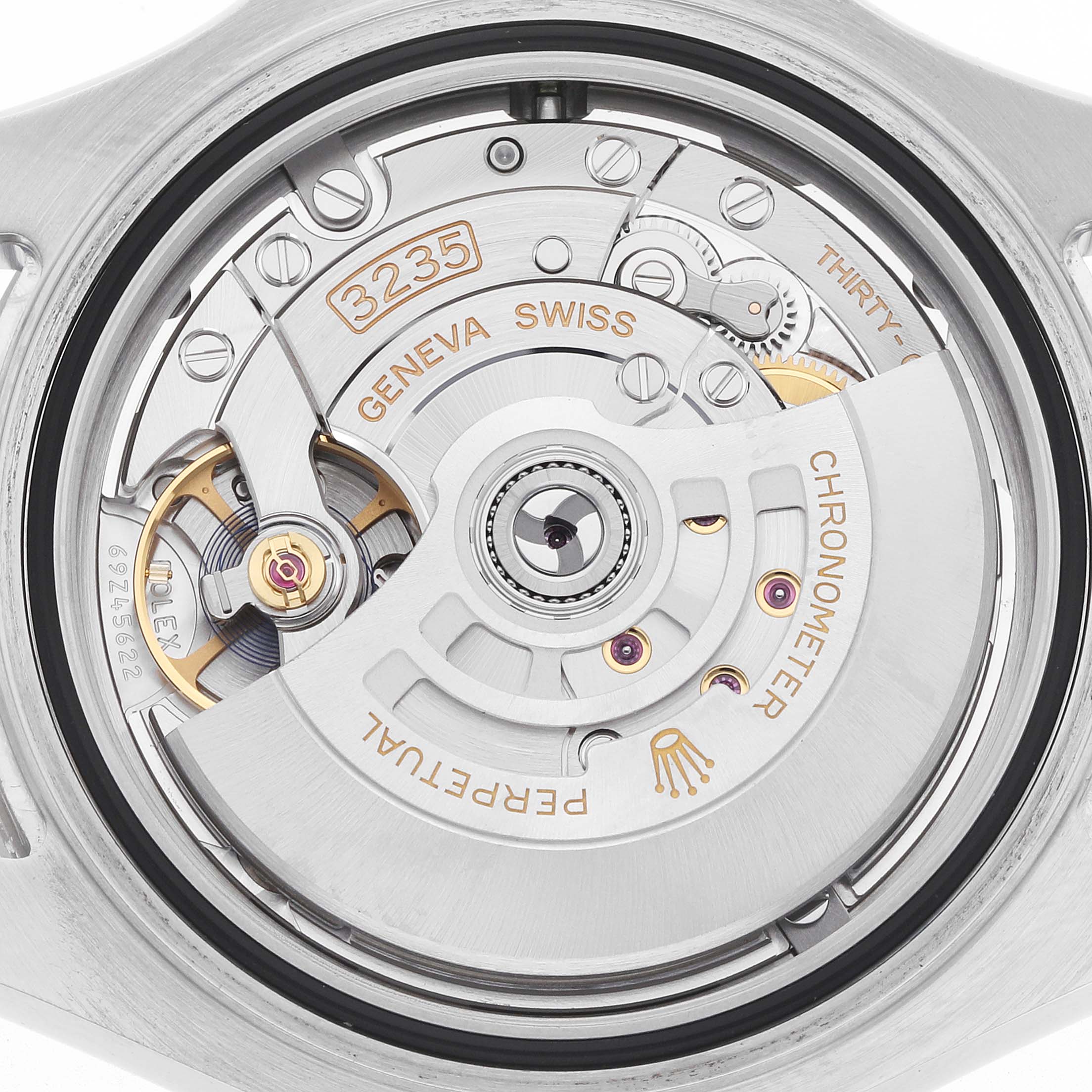 The image shows the movement and inner mechanics of a Rolex Yacht-Master 126622 Men
s Stainless Steel Grey Dial watch model from a rear view.