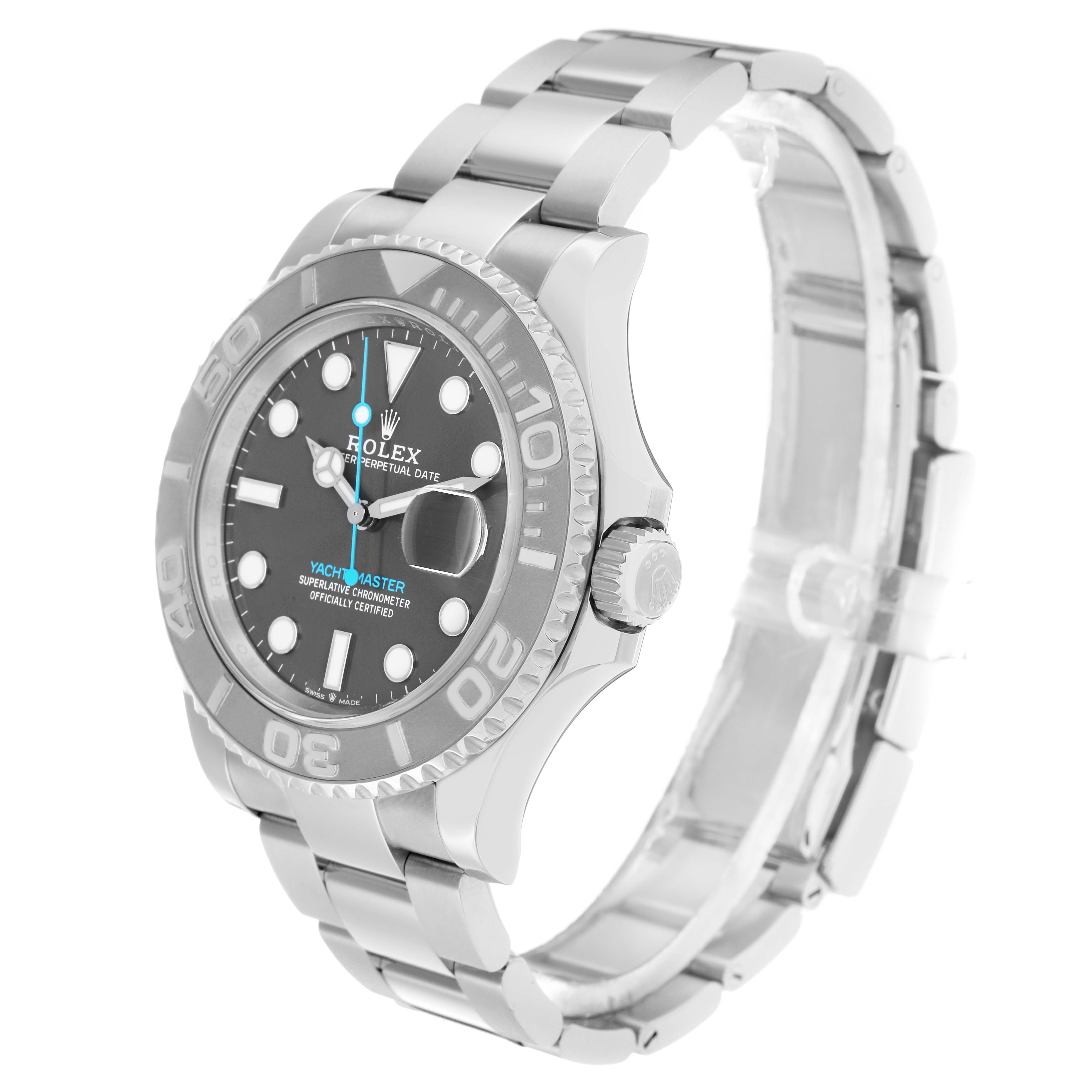 The Rolex Yacht-Master 126622 Men
s Stainless Steel Grey Dial watch is shown at a three-quarter angle, displaying the face, bezel, case, crown, and bracelet.