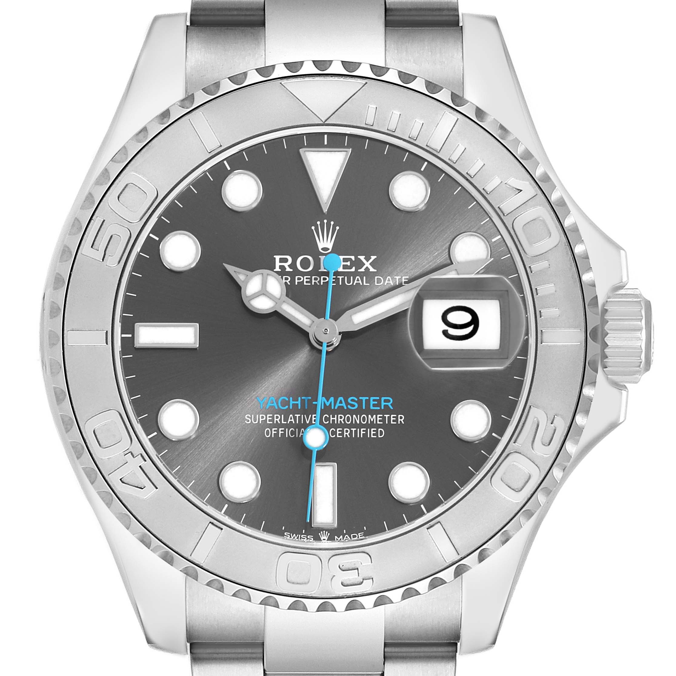 The Rolex Yacht-Master 126622 Men
s Stainless Steel Grey Dial is shown from the front, highlighting its bezel, dial, crown, and bracelet links.