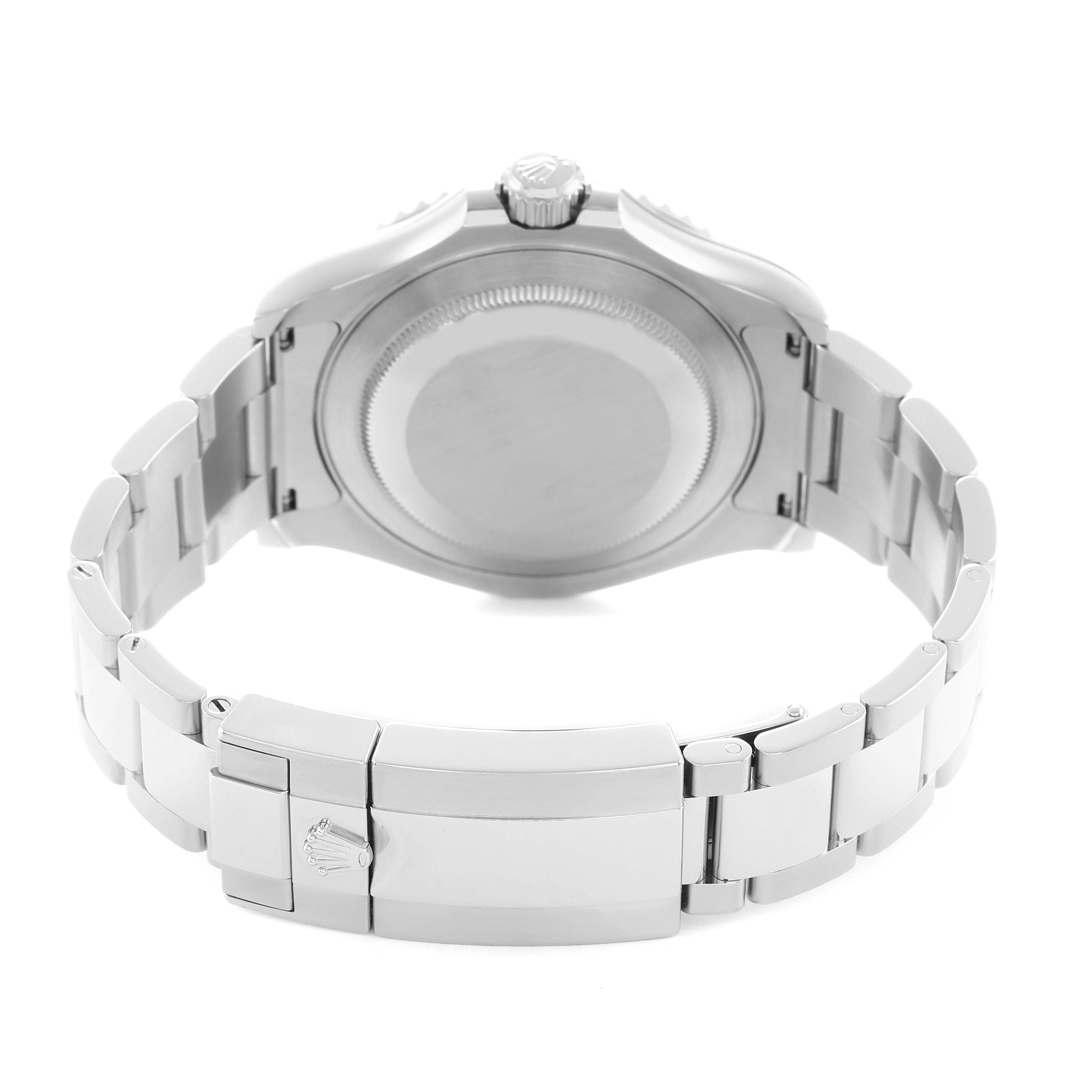 The image shows the Rolex Yacht-Master 126622 Men
s Stainless Steel Grey Dial watch from the back, highlighting the closed clasp and bracelet.