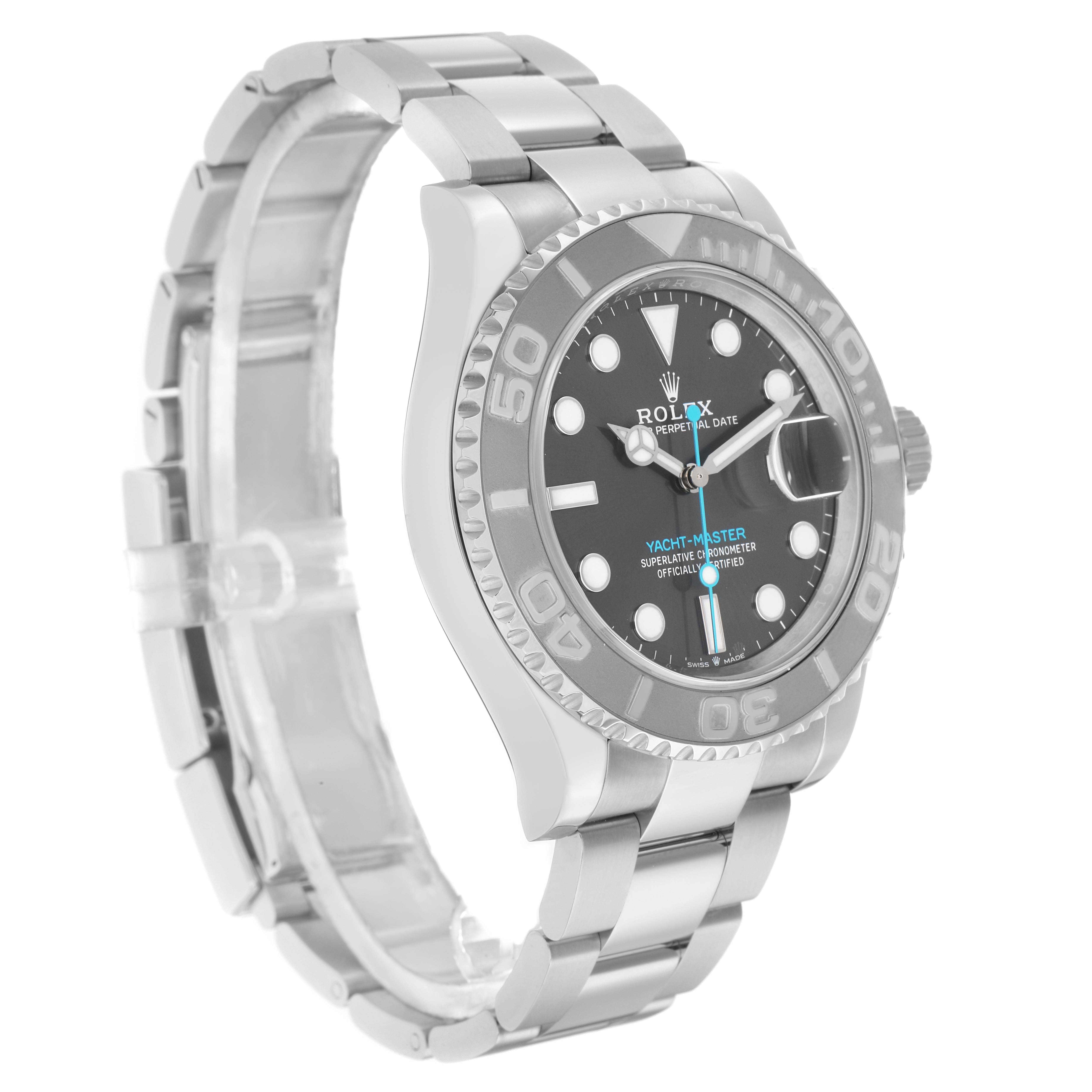 The Rolex Yacht-Master 126622 Men
s Stainless Steel Grey Dial watch is shown at a three-quarter angle, highlighting the face, bezel, and bracelet.