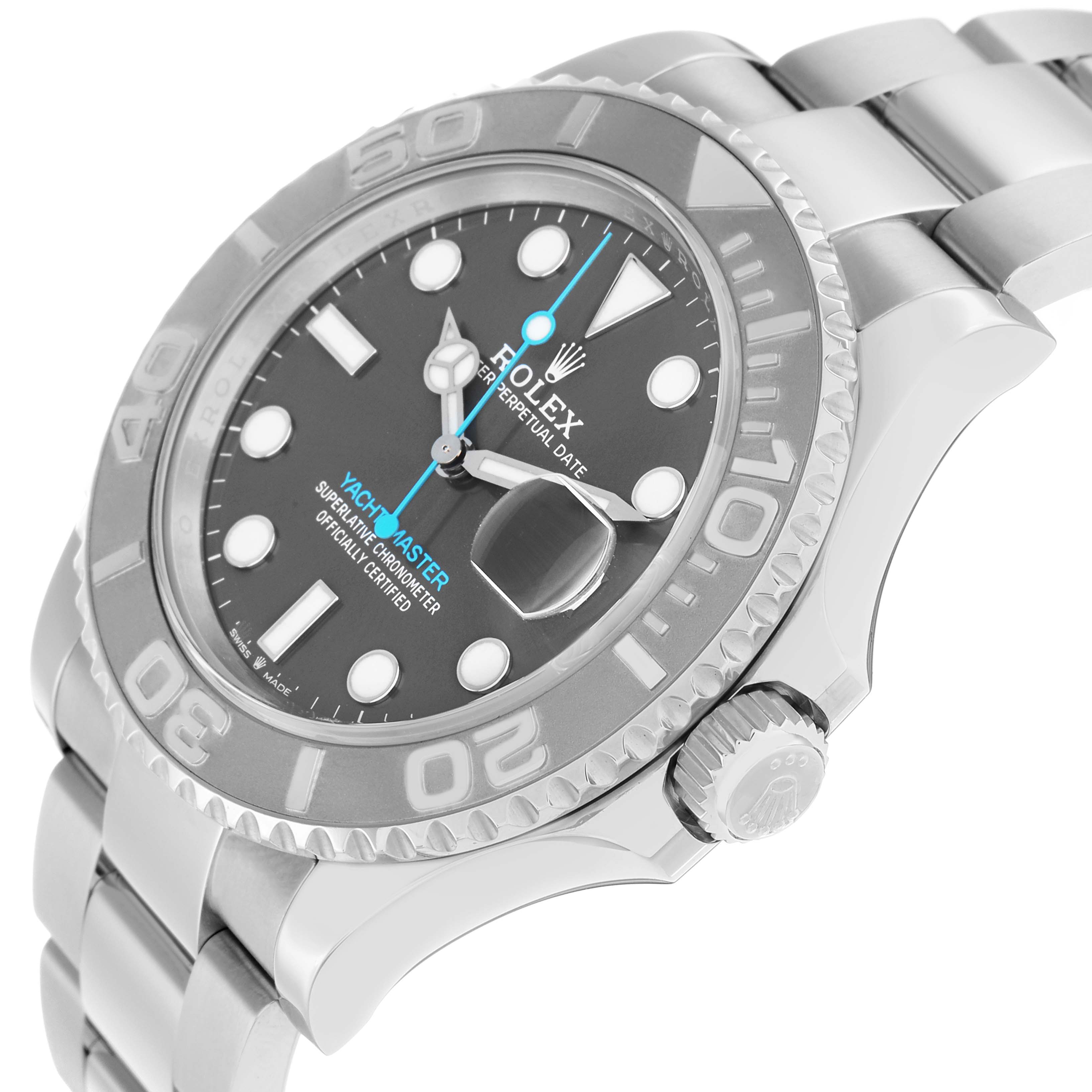 The Rolex Yacht-Master 126622 Men
s Stainless Steel Grey Dial watch is shown at an angled view, featuring the bezel, dial, hands, date magnifier, and part of the bracelet.