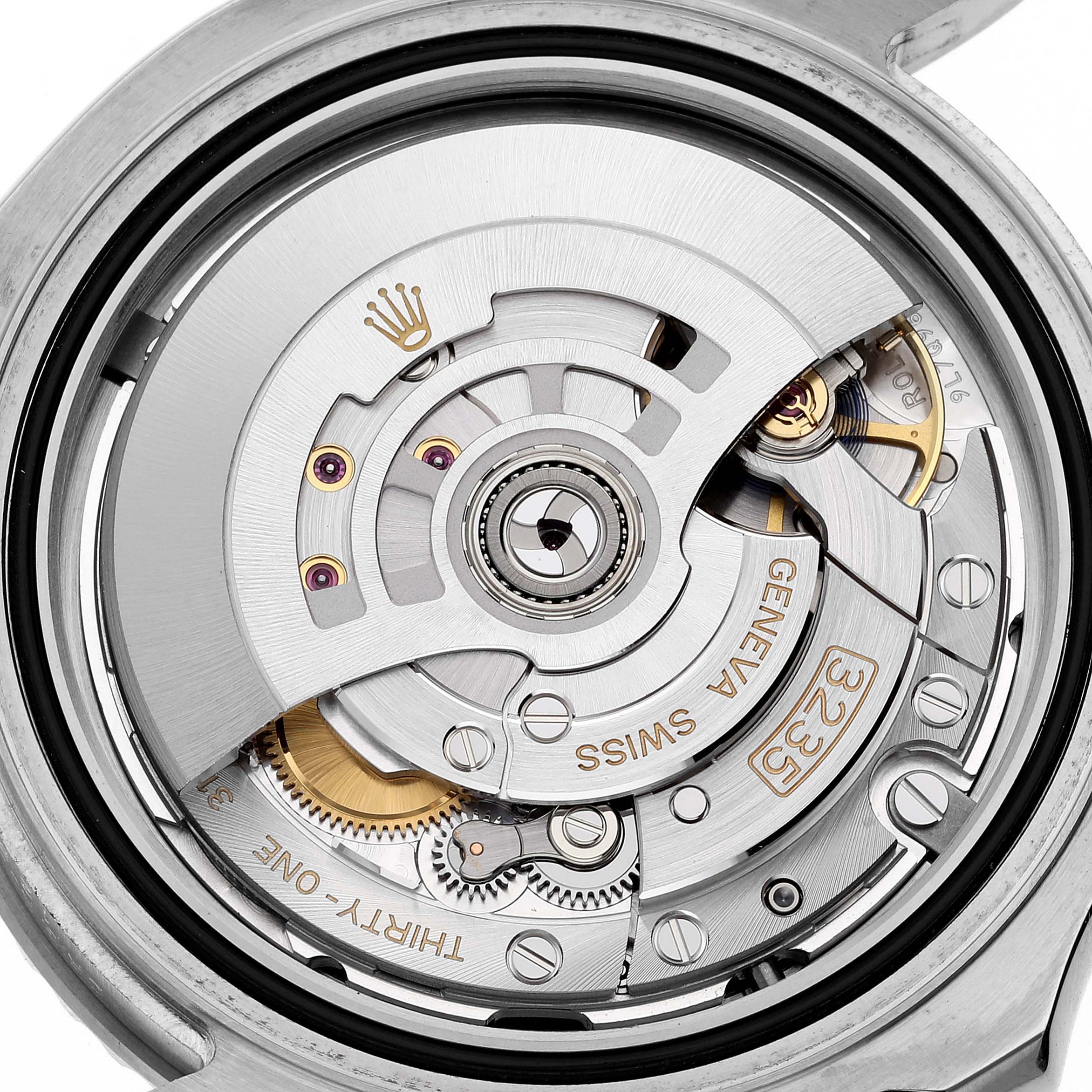 This image shows the intricate internal mechanism of a Rolex Yacht-Master 126622 Men's Stainless Steel Blue Dial 126622 Men's Stainless Steel Blue Dial watch from an overhead angle.