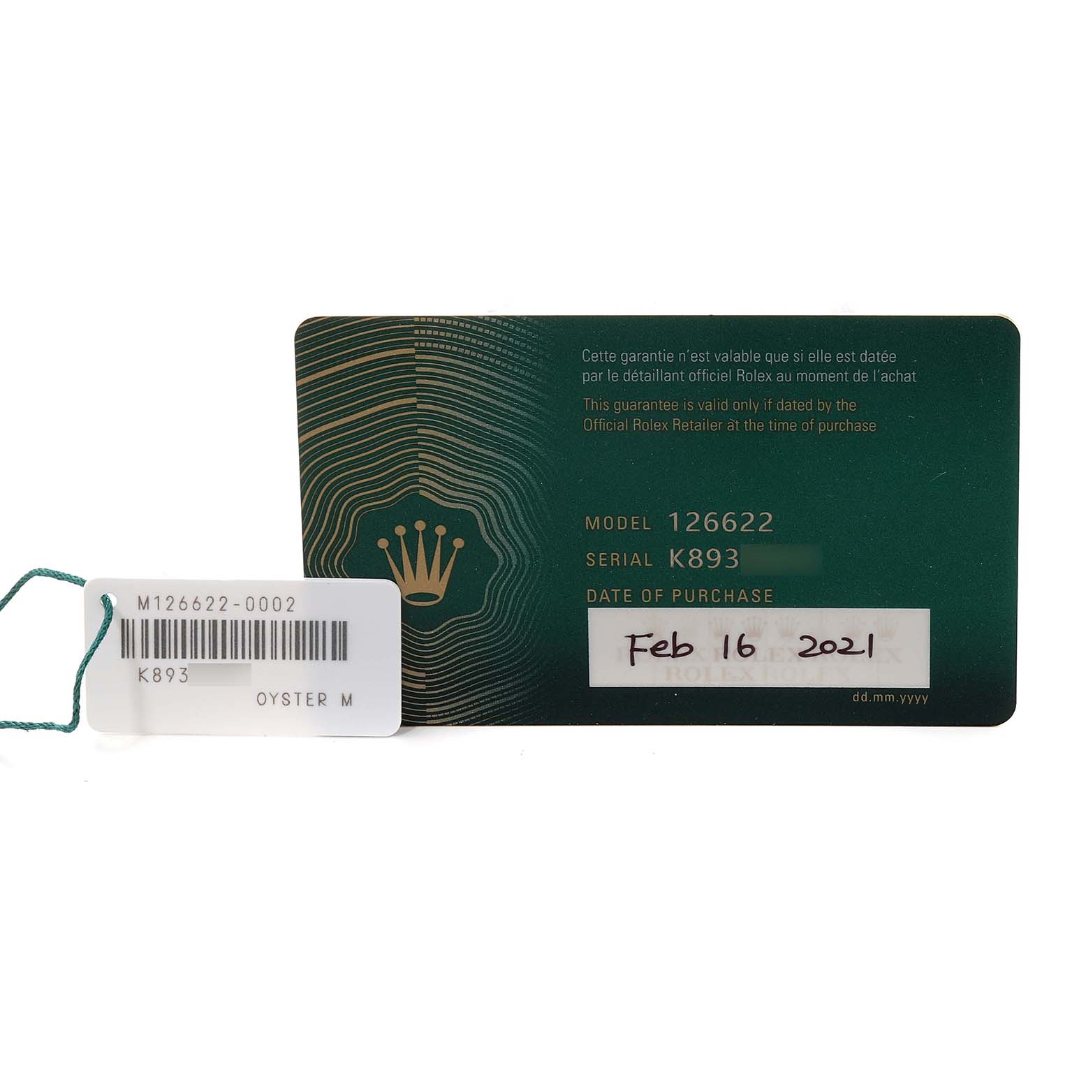 This image displays the warranty card and tag for the Rolex Yacht-Master 126622 Men's Stainless Steel Blue Dial 126622 Men's Stainless Steel Blue Dial model 126622 watch.