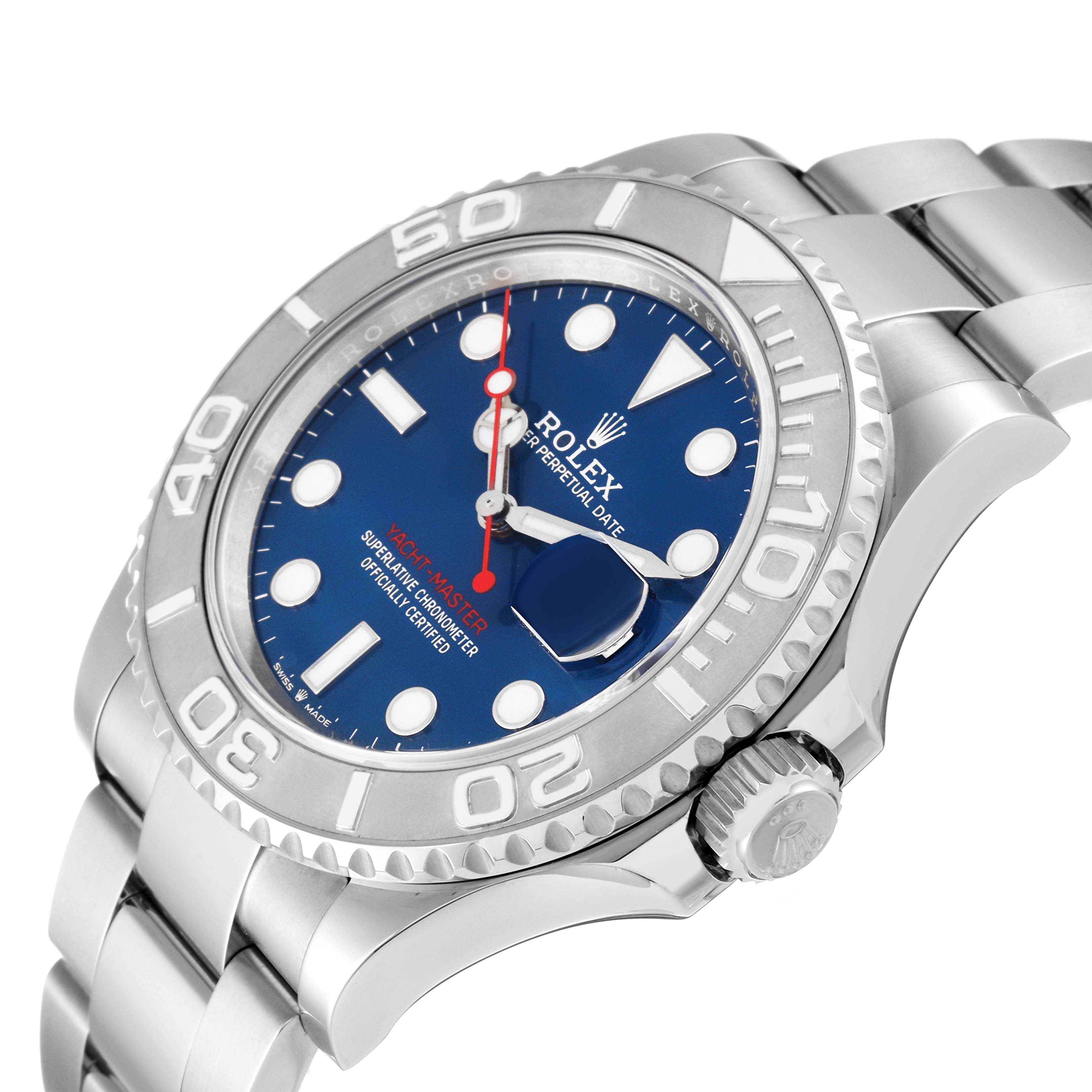 The image shows a close-up, angled view of the Rolex Yacht-Master 126622 Men's Stainless Steel Blue Dial 126622 Men's Stainless Steel Blue Dial watch focusing on the face, bezel, and part of the bracelet.