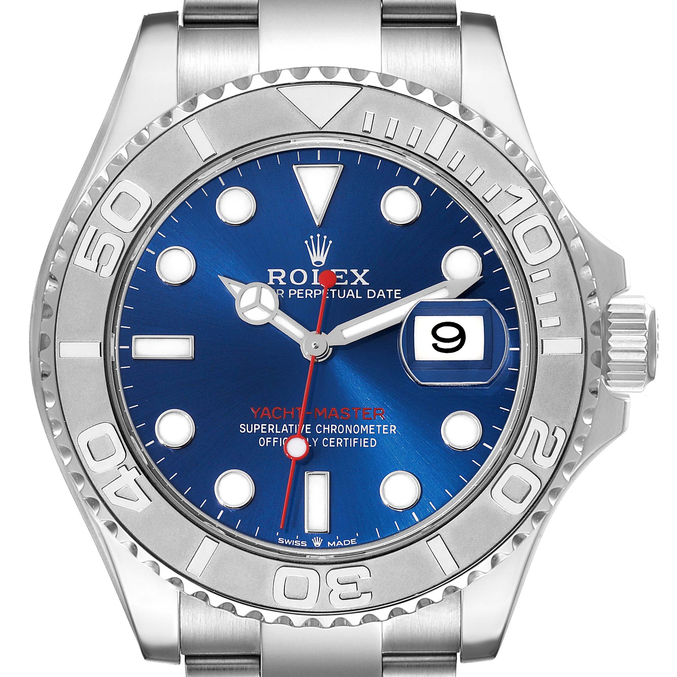 This Rolex Yacht-Master 126622 Men's Stainless Steel Blue Dial 126622 Men's Stainless Steel Blue Dial watch is shown from the front, displaying the dial, bezel, and a portion of the bracelet.