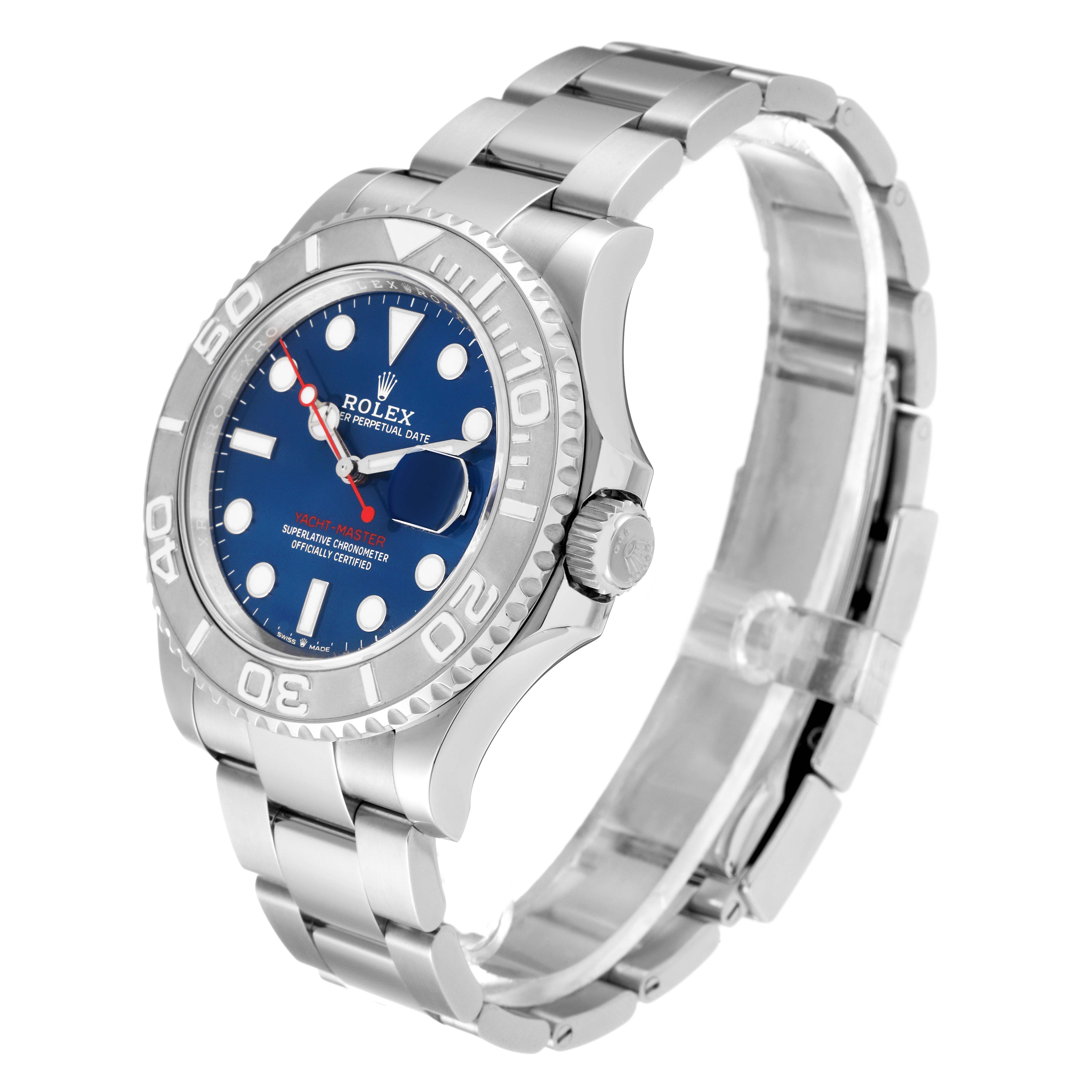 The image shows a side view of a Rolex Yacht-Master 126622 Men's Stainless Steel Blue Dial 126622 Men's Stainless Steel Blue Dial watch, highlighting the bezel, dial, crown, and bracelet.