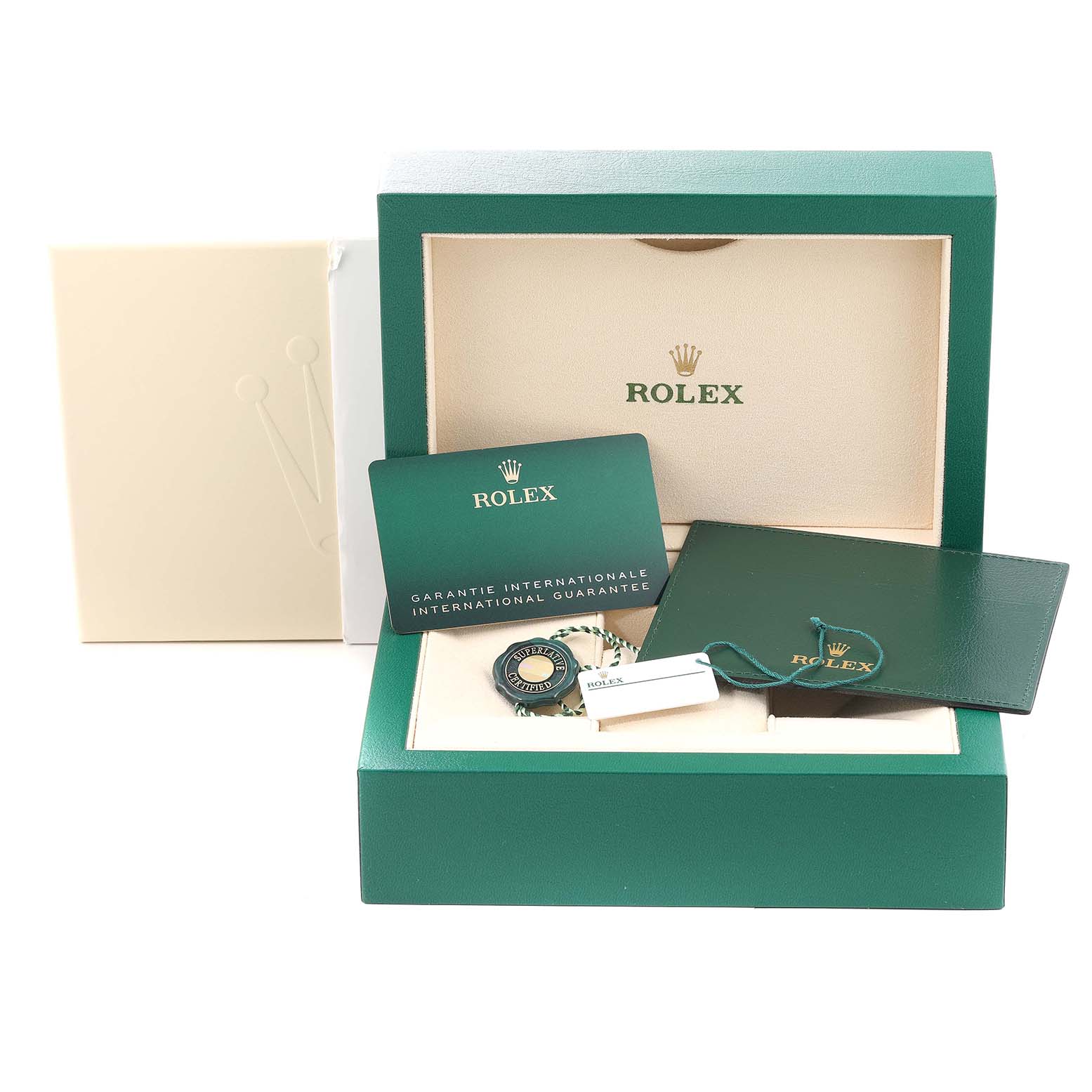 The image shows the packaging, guarantee card, and tags for a Rolex Yacht-Master 126622 Men's Stainless Steel Blue Dial 126622 Men's Stainless Steel Blue Dial watch.