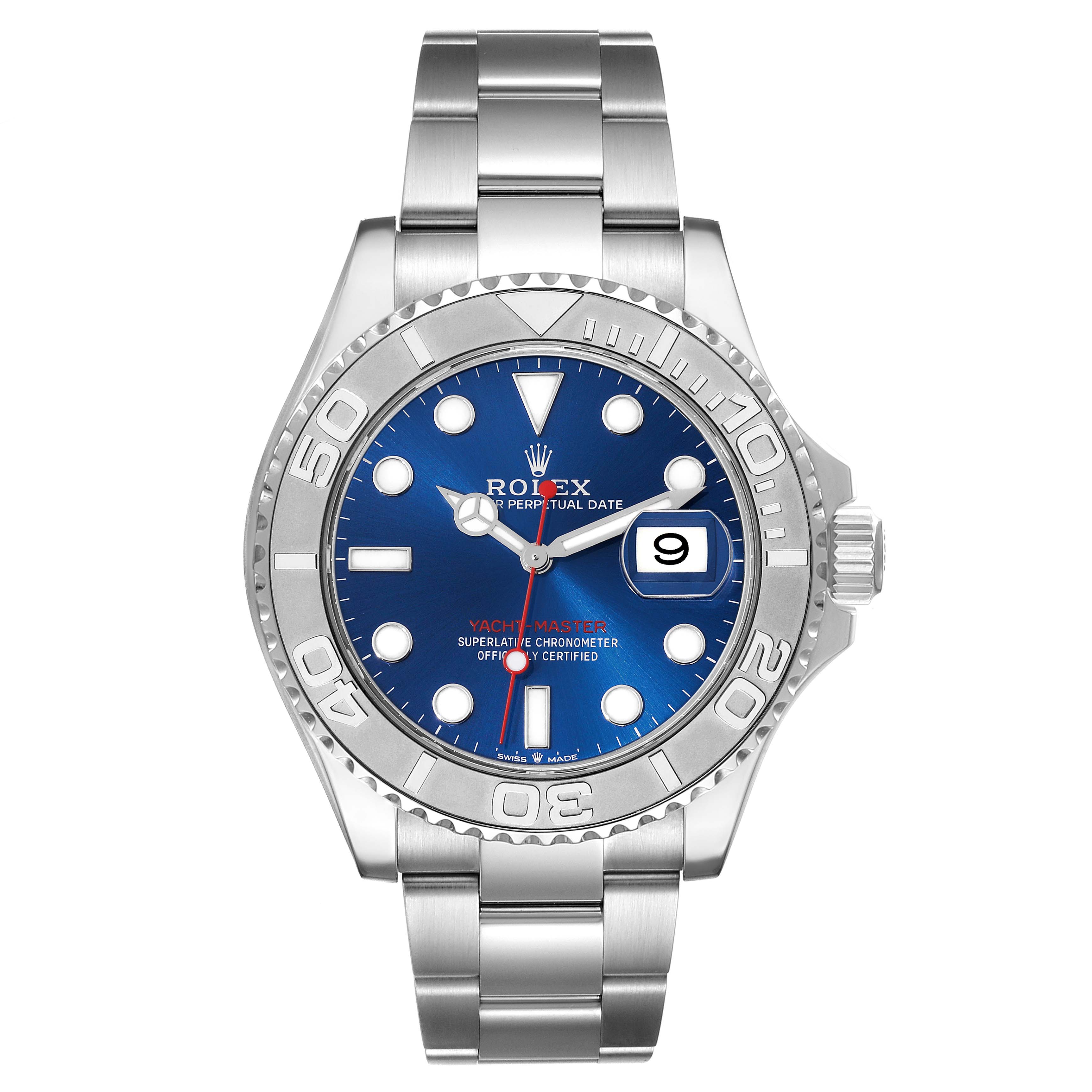 The Rolex Yacht-Master 126622 Men's Stainless Steel Blue Dial 126622 Men's Stainless Steel Blue Dial watch is shown from a front angle, highlighting its blue dial, bezel, bracelet, and date window.