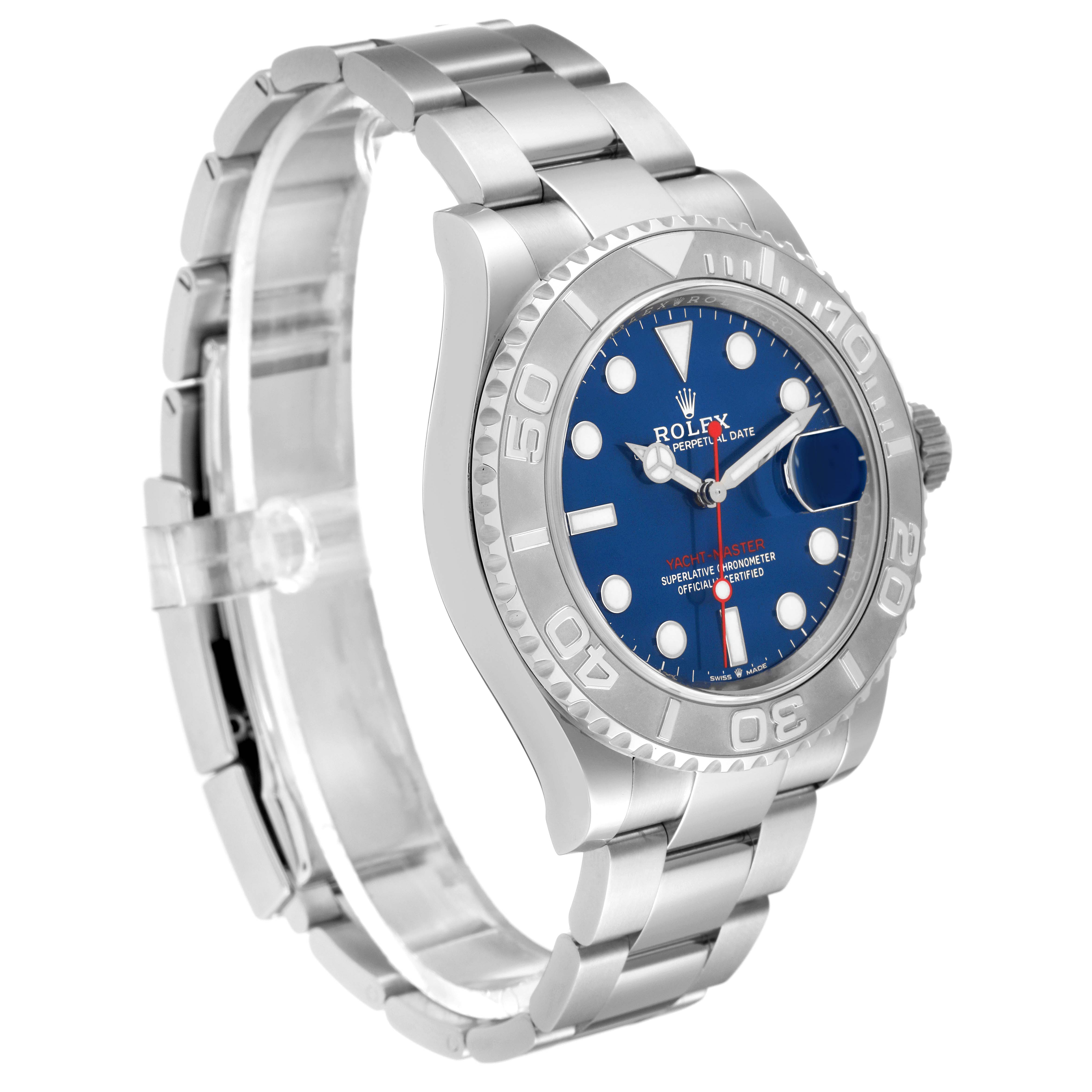 The image shows a side angle of a Rolex Yacht-Master 126622 Men's Stainless Steel Blue Dial 126622 Men's Stainless Steel Blue Dial watch, displaying the blue dial, bezel, and stainless steel bracelet.