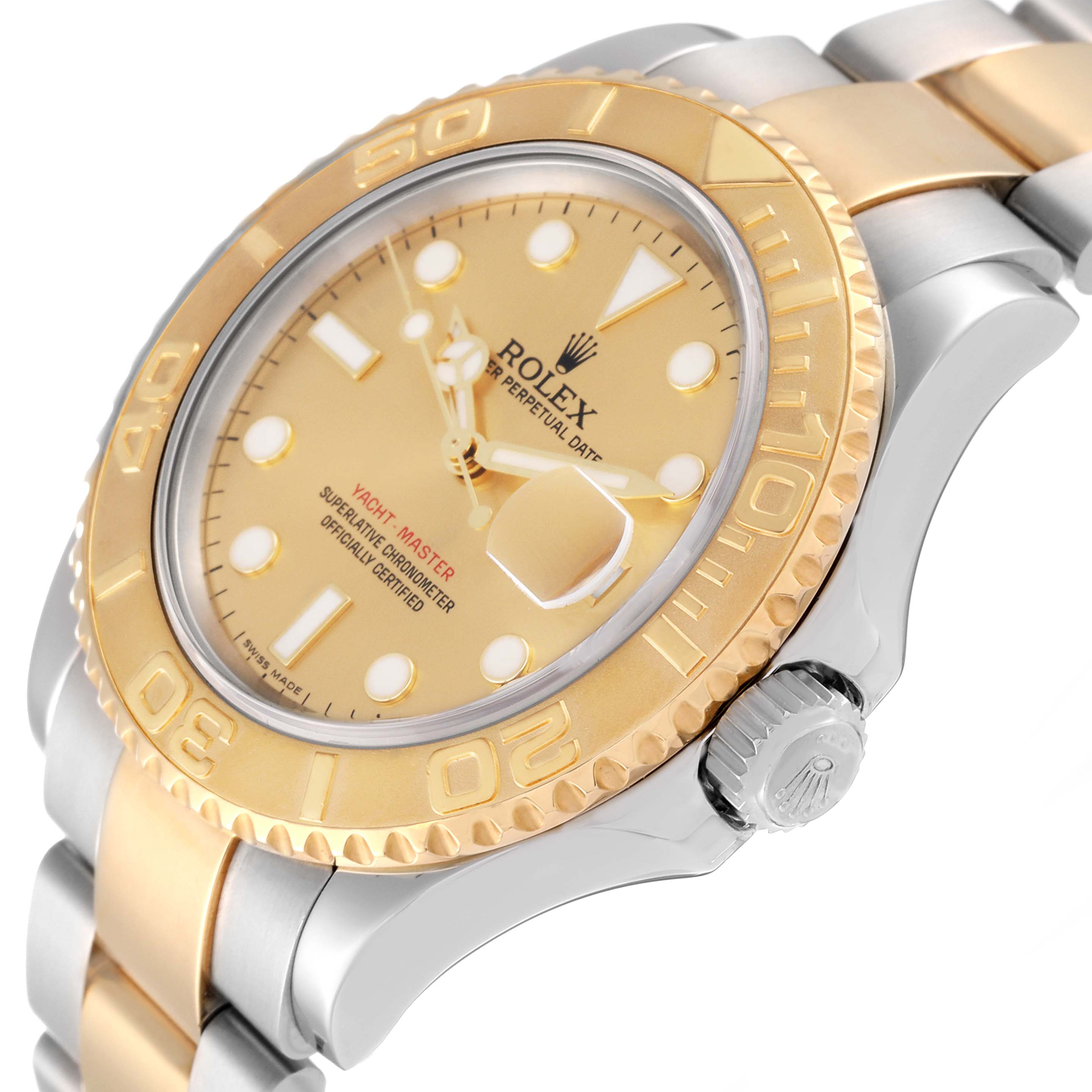 The image shows a close-up angle of the Rolex Yacht-Master 16623 Men
s Steel and Gold (two tone) Champagne Dial 16623 Men
s Steel and Gold (two tone) Champagne Dial watch, highlighting its dial, bezel, and bracelet.