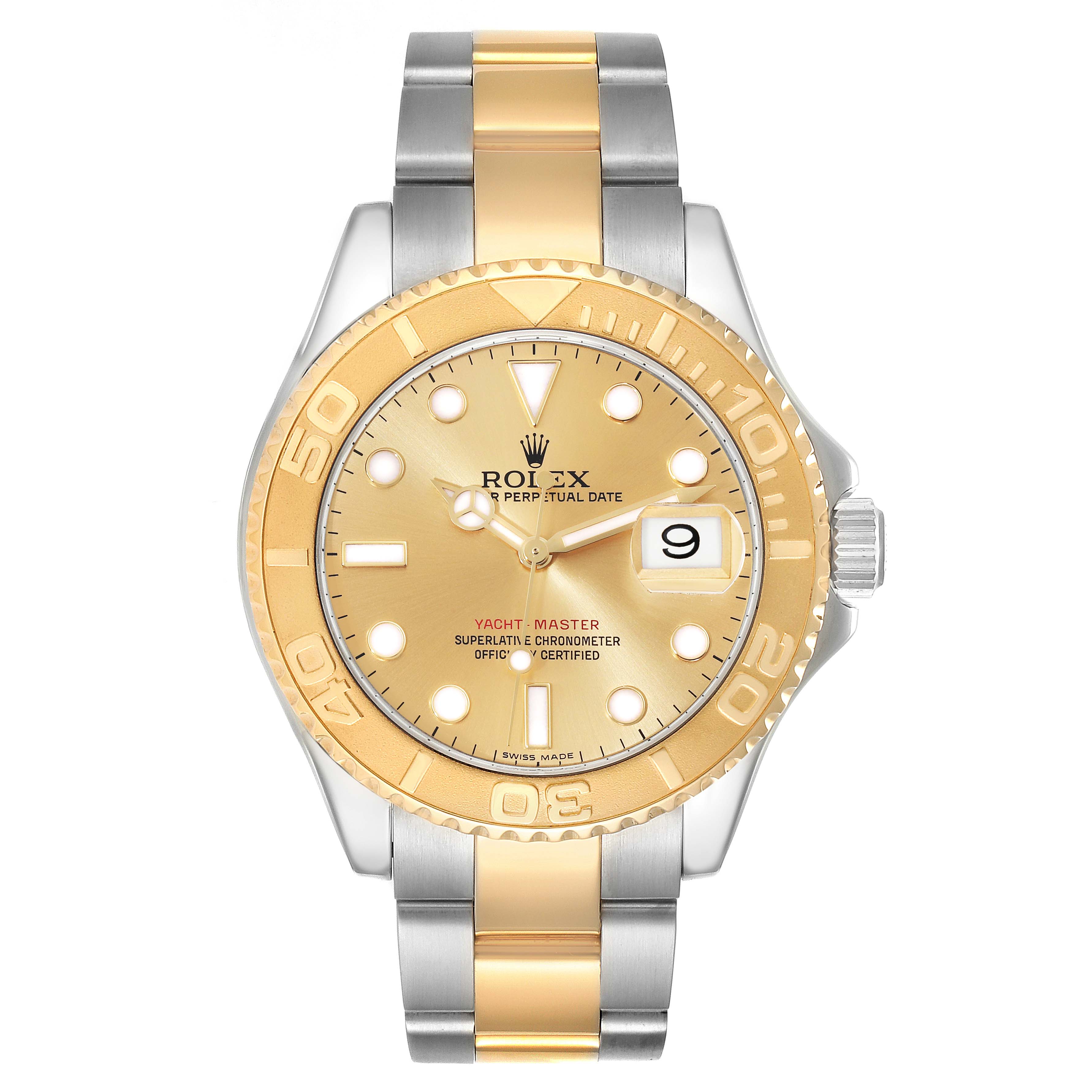 The image shows a front view of the Rolex Yacht-Master 16623 Men
s Steel and Gold (two tone) Champagne Dial 16623 Men
s Steel and Gold (two tone) Champagne Dial watch, highlighting its gold bezel, dial, and two-tone bracelet.