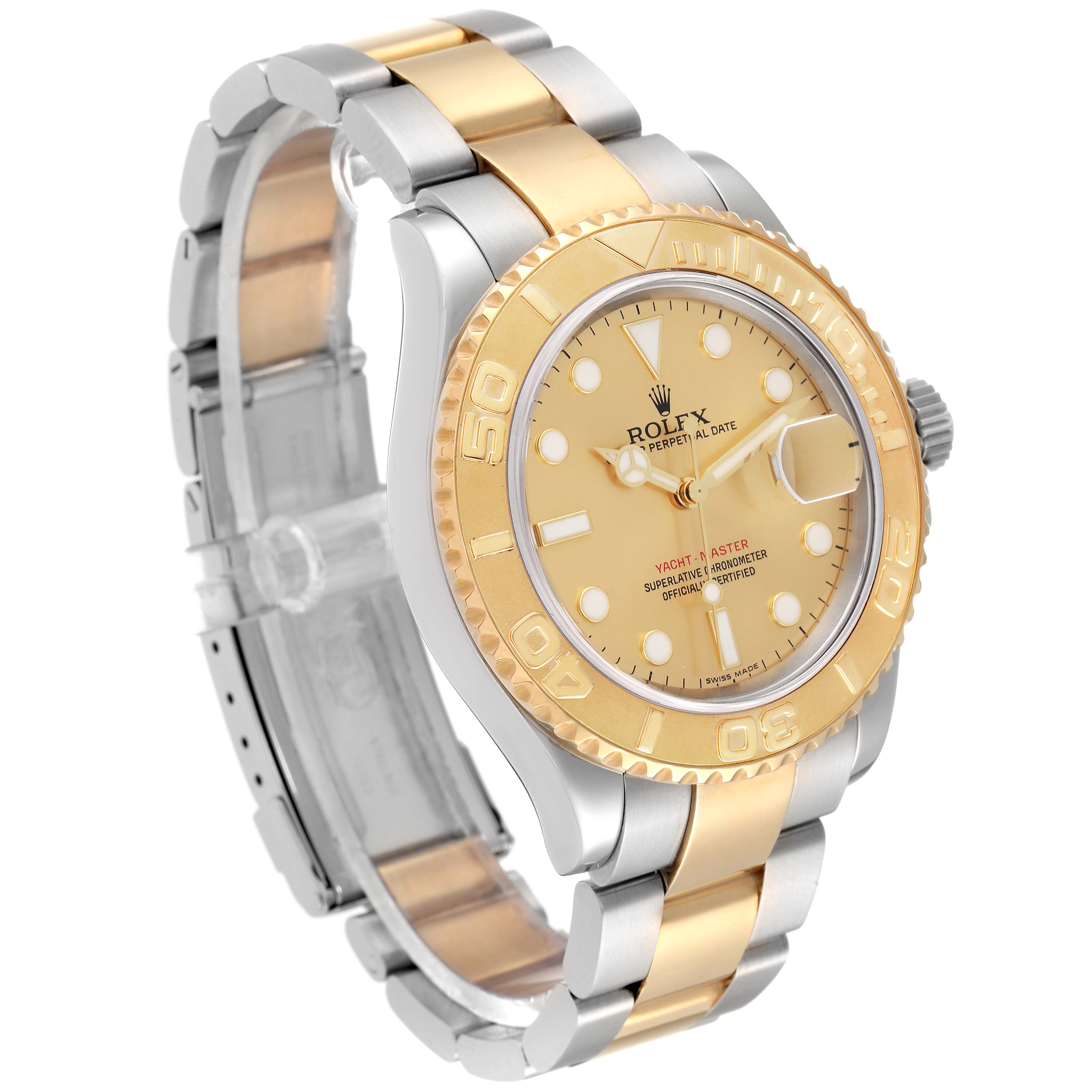This Rolex Yacht-Master 16623 Men
s Steel and Gold (two tone) Champagne Dial 16623 Men
s Steel and Gold (two tone) Champagne Dial watch is shown at a three-quarter angle, highlighting its gold bezel and bi-color bracelet.