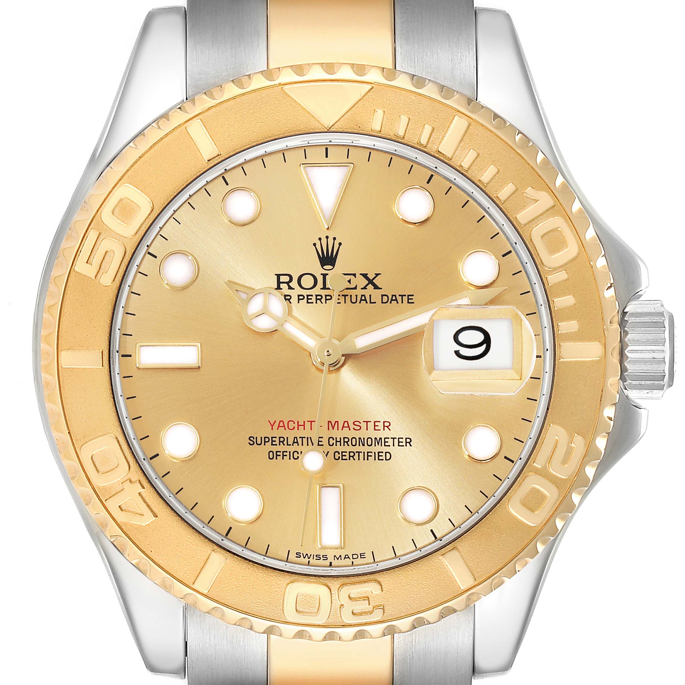 The image shows a front view of a Rolex Yacht-Master 16623 Men
s Steel and Gold (two tone) Champagne Dial 16623 Men
s Steel and Gold (two tone) Champagne Dial watch, highlighting its gold bezel, dial, hands, and date display.