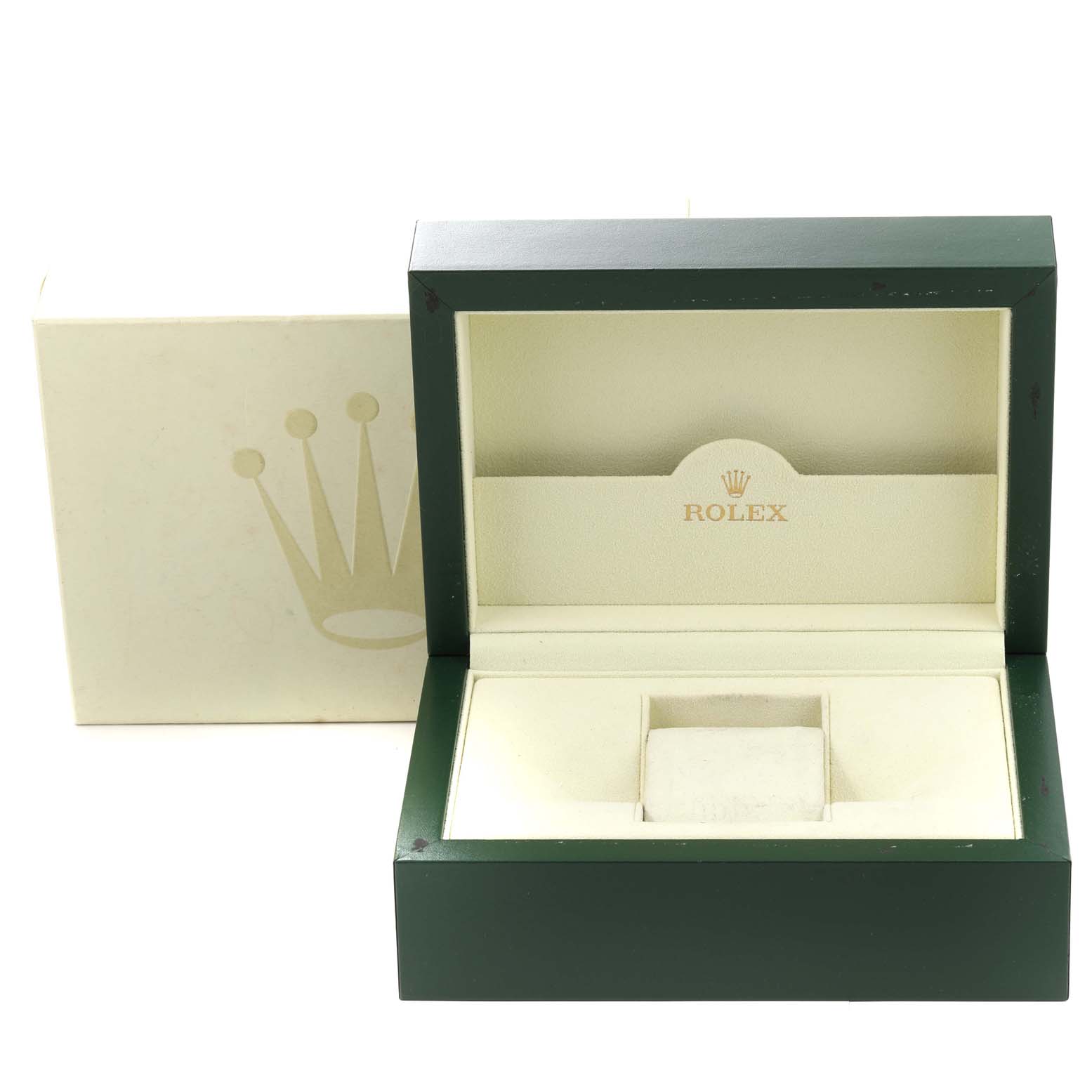 This image shows an open green watch box with a beige interior and a Rolex logo, intended for the Rolex Yacht-Master 16623 Men
s Steel and Gold (two tone) Champagne Dial 16623 Men
s Steel and Gold (two tone) Champagne Dial model.