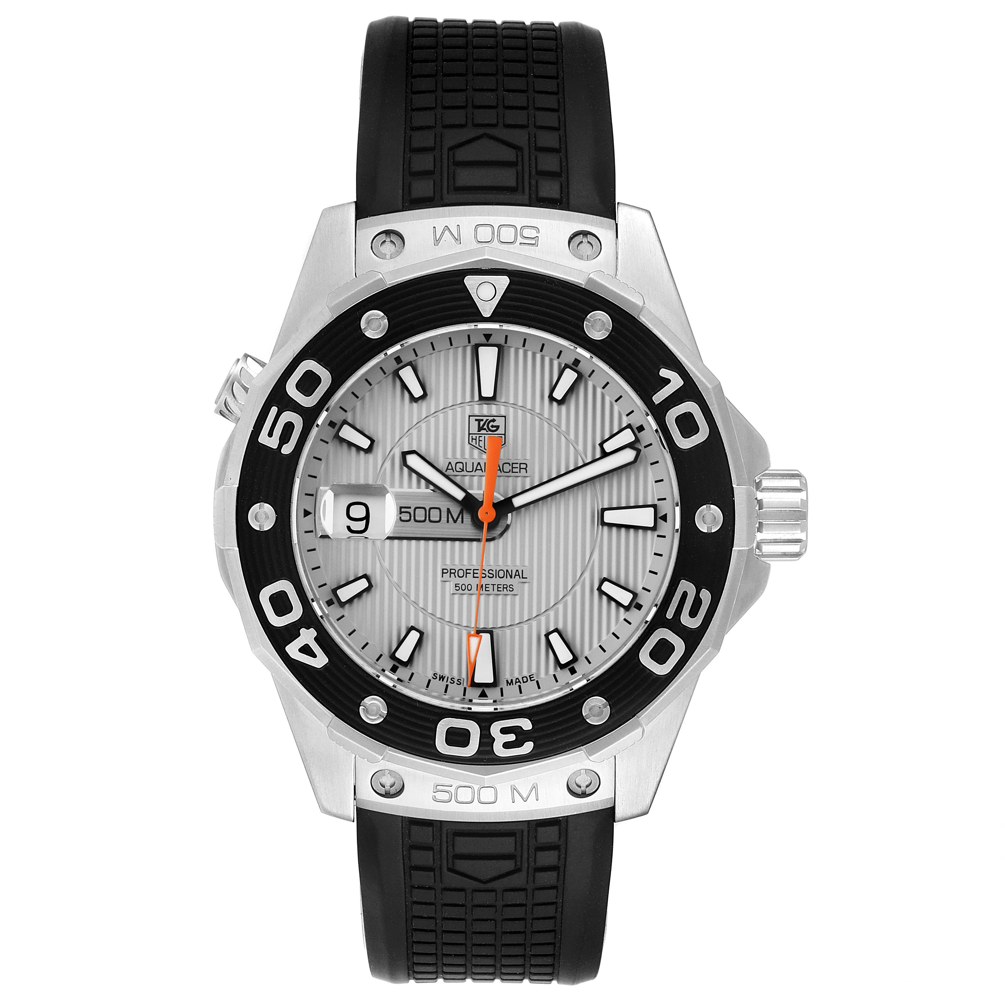 The image shows a front view of the Tag Heuer Aquaracer WAJ1111.FT6015 Men's Stainless Steel Grey Dial WAJ1111.FT6015 Men's Stainless Steel Grey Dial watch, highlighting its black bezel, dial, and black rubber strap.