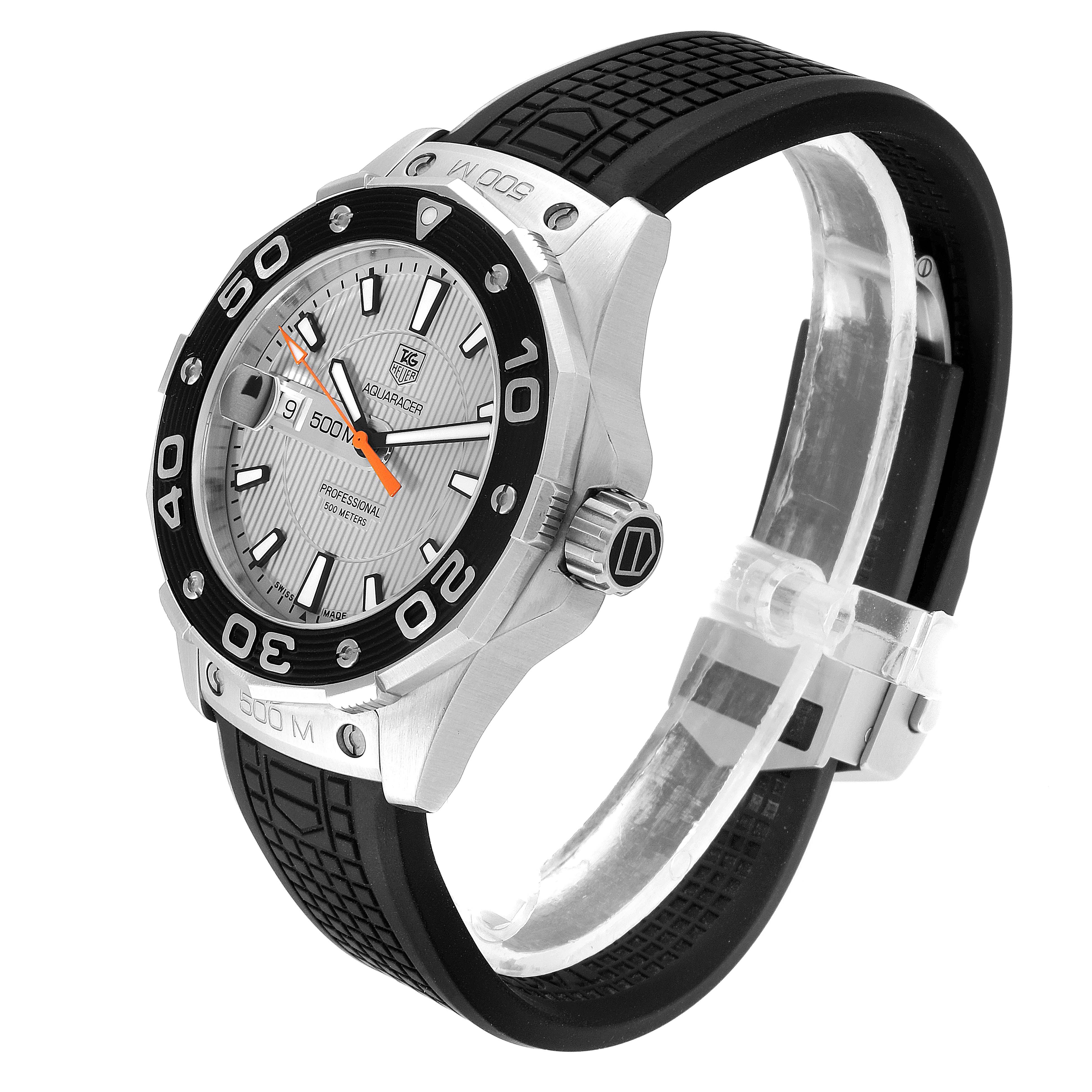This image shows a side-angle view of the Tag Heuer Aquaracer WAJ1111.FT6015 Men's Stainless Steel Grey Dial WAJ1111.FT6015 Men's Stainless Steel Grey Dial watch, highlighting the dial, bezel, and rubber strap.