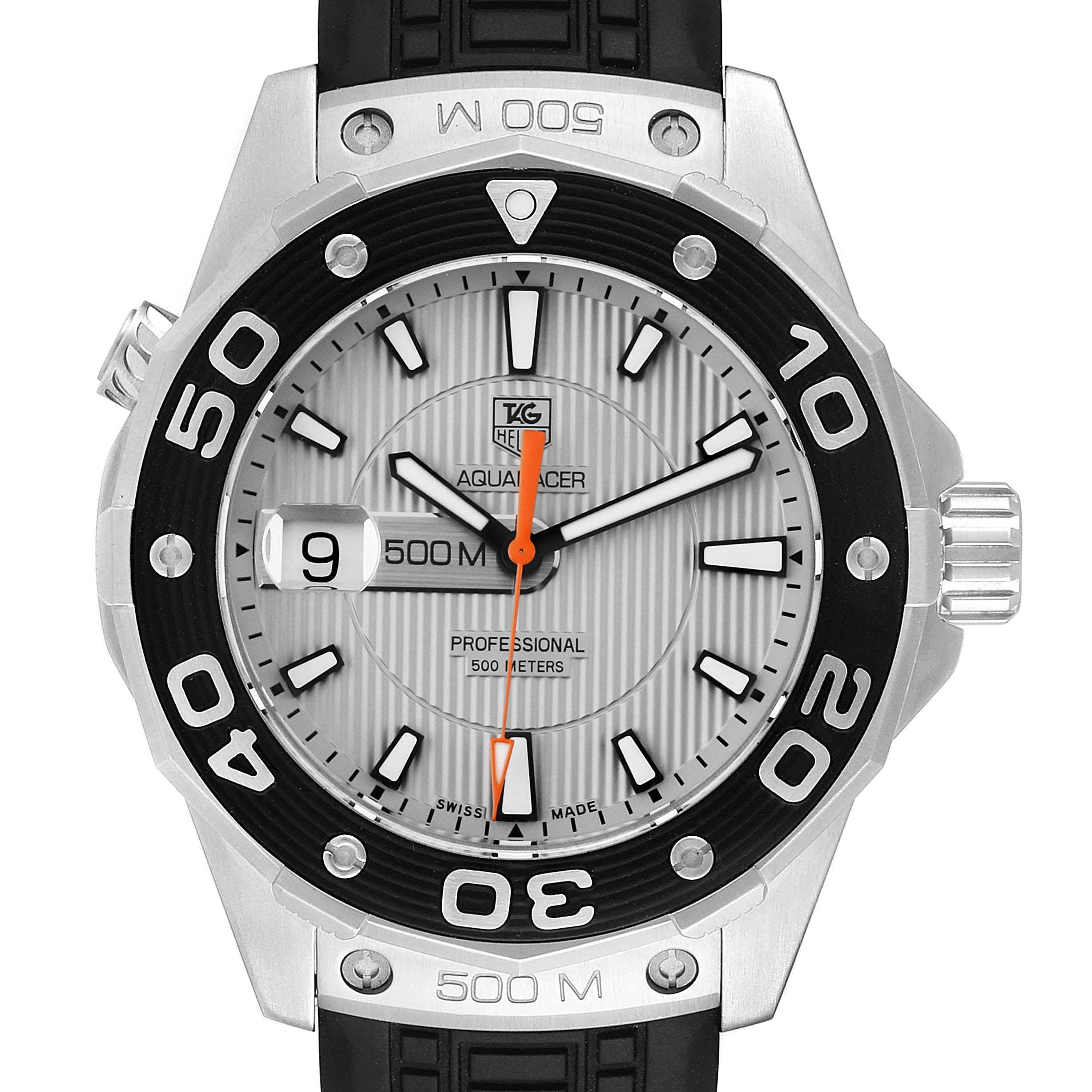 The image shows a front view of a Tag Heuer Aquaracer WAJ1111.FT6015 Men's Stainless Steel Grey Dial WAJ1111.FT6015 Men's Stainless Steel Grey Dial watch, featuring its dial, bezel, and rubber strap.