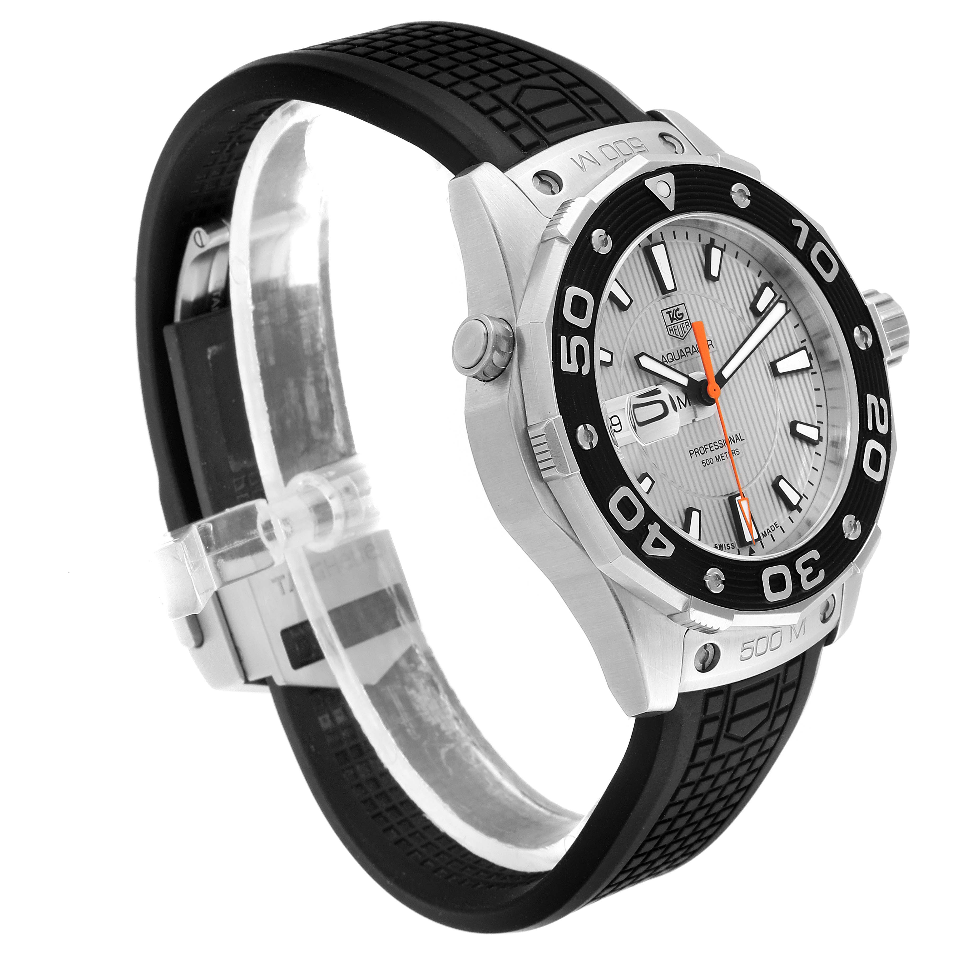 The image shows a Tag Heuer Aquaracer WAJ1111.FT6015 Men's Stainless Steel Grey Dial WAJ1111.FT6015 Men's Stainless Steel Grey Dial watch from a side angle, highlighting its dial, bezel, and black rubber strap.