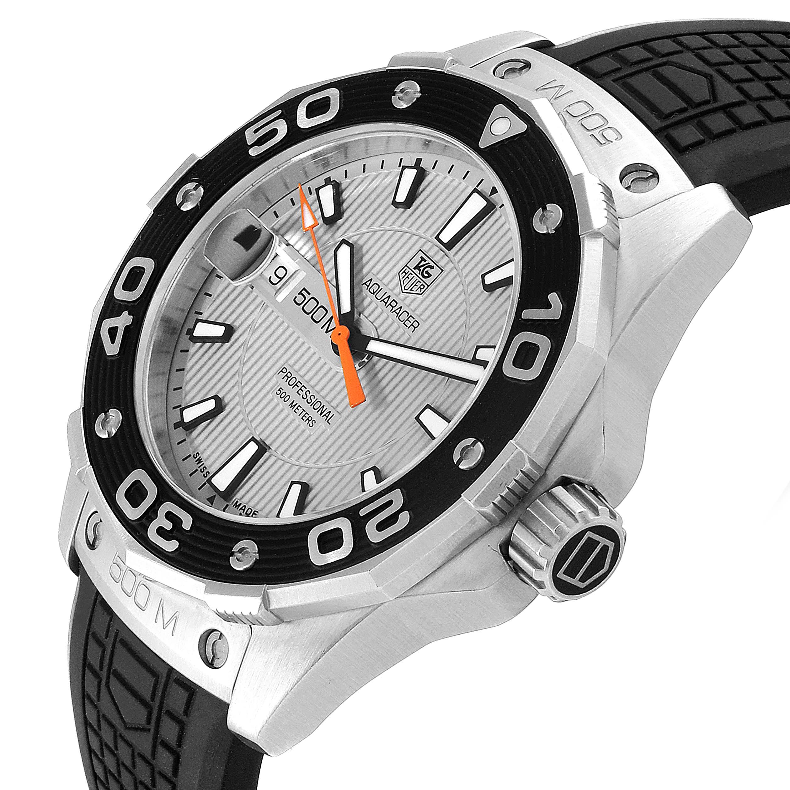 This image shows a Tag Heuer Aquaracer WAJ1111.FT6015 Men's Stainless Steel Grey Dial WAJ1111.FT6015 Men's Stainless Steel Grey Dial watch from an angled close-up, highlighting the bezel, dial, and crown.