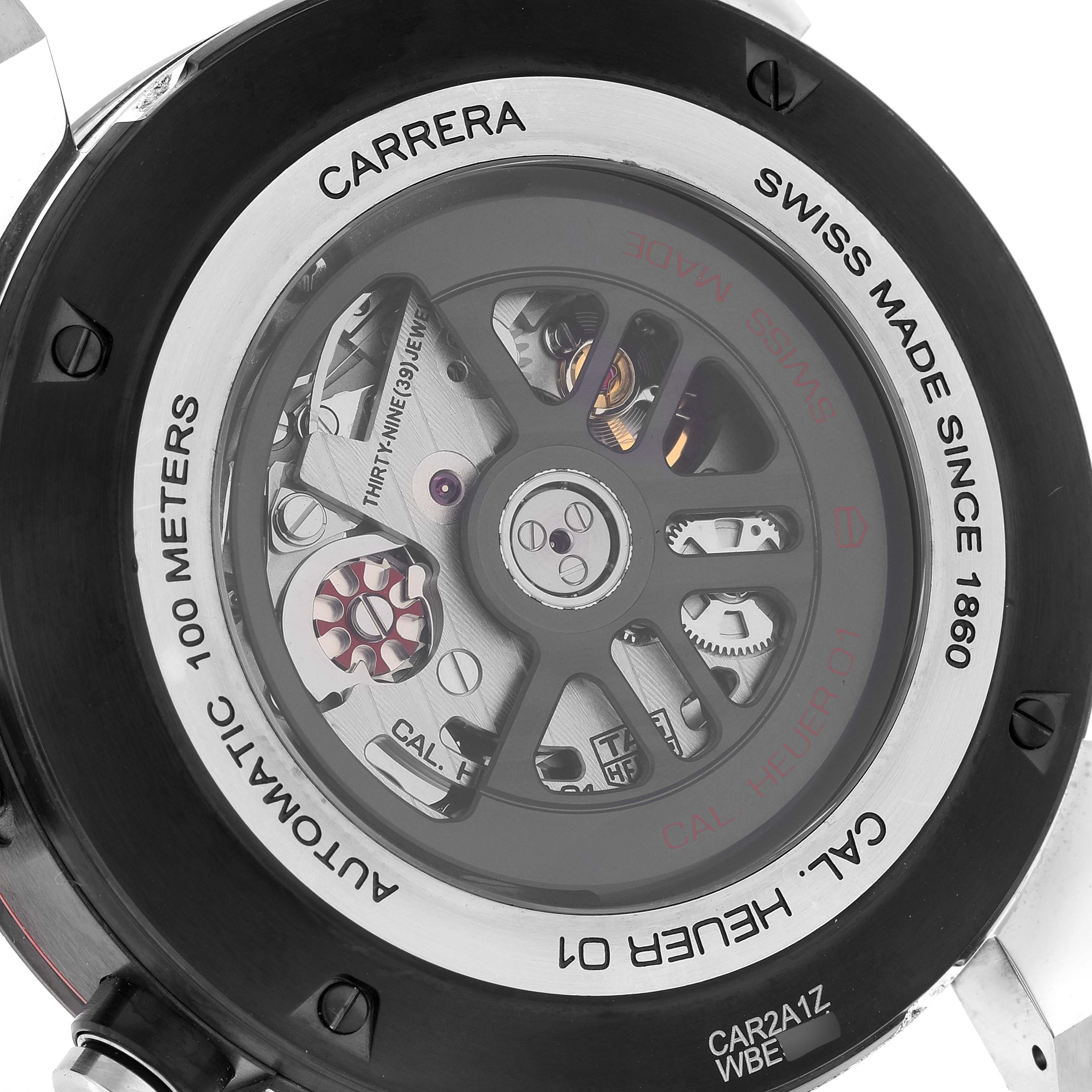 The image shows the back case of a Tag Heuer Carrera CAR2A1Z.FT6044 Men's Stainless Steel Transparent Dial CAR2A1Z.FT6044 Men's Stainless Steel Transparent Dial watch, displaying its automatic movement and engraved details.