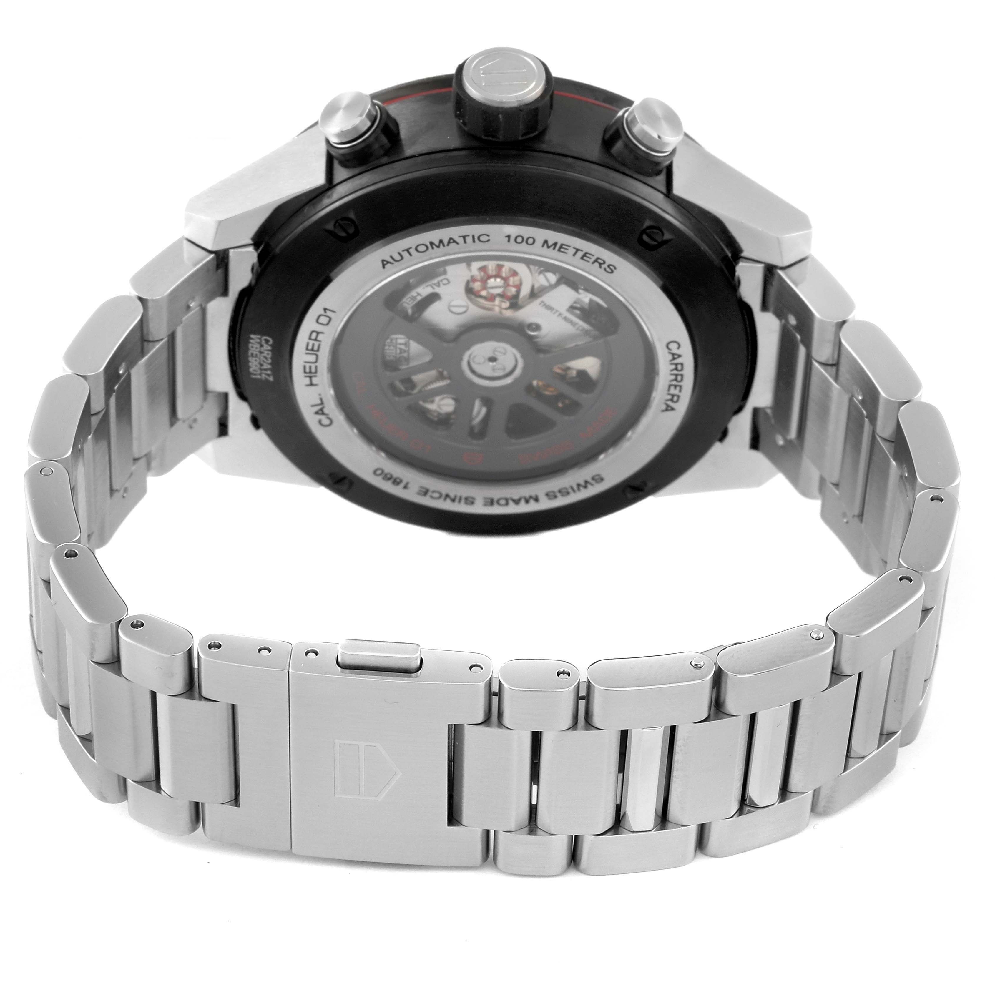 This image shows the back case and stainless steel bracelet of a Tag Heuer Carrera CAR2A1Z.FT6044 Men's Stainless Steel Transparent Dial CAR2A1Z.FT6044 Men's Stainless Steel Transparent Dial watch, highlighting the automatic movement mechanism.