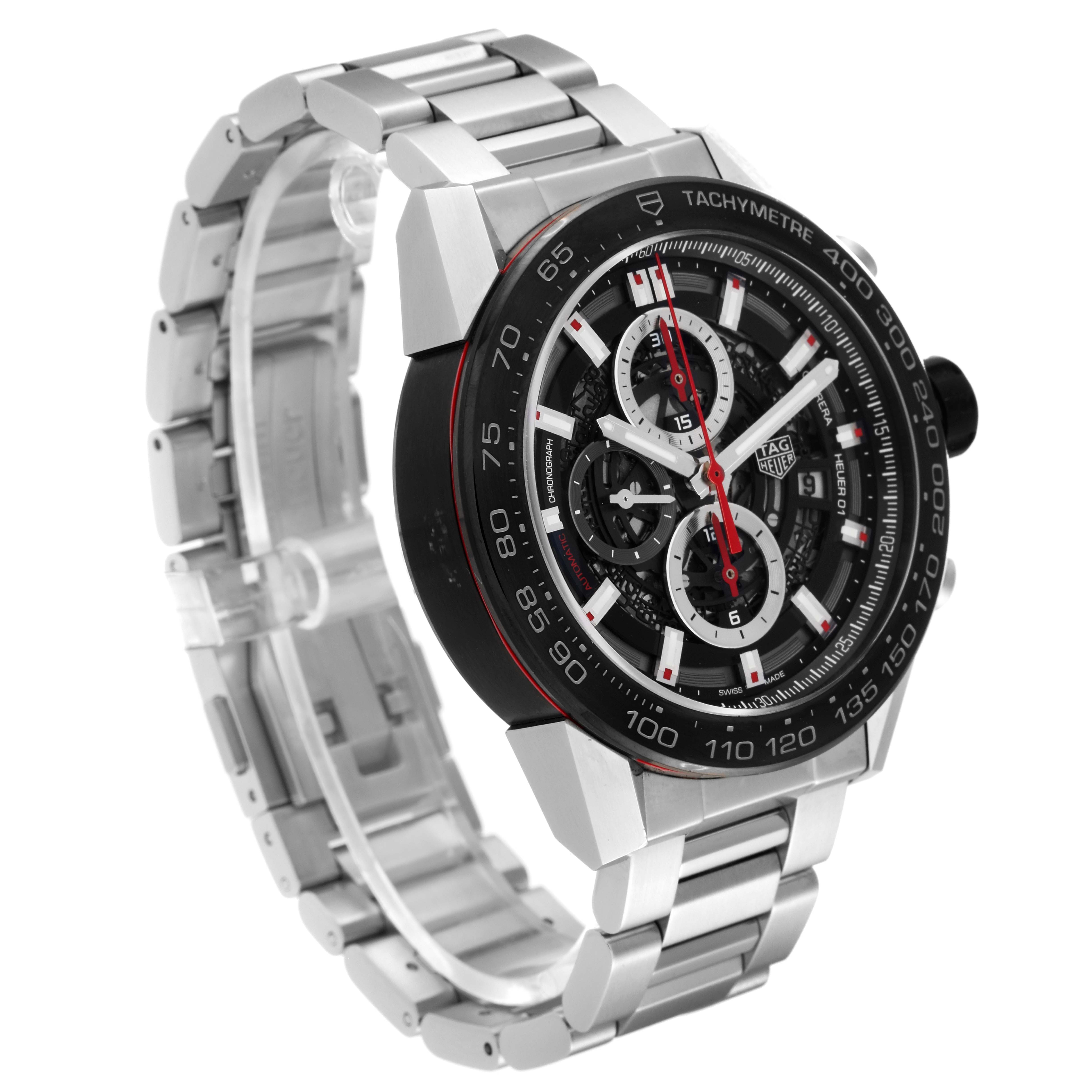 The image shows a Tag Heuer Carrera CAR2A1Z.FT6044 Men's Stainless Steel Transparent Dial CAR2A1Z.FT6044 Men's Stainless Steel Transparent Dial model watch from a three-quarter angle, highlighting its dial, tachymeter, and stainless steel bracelet.