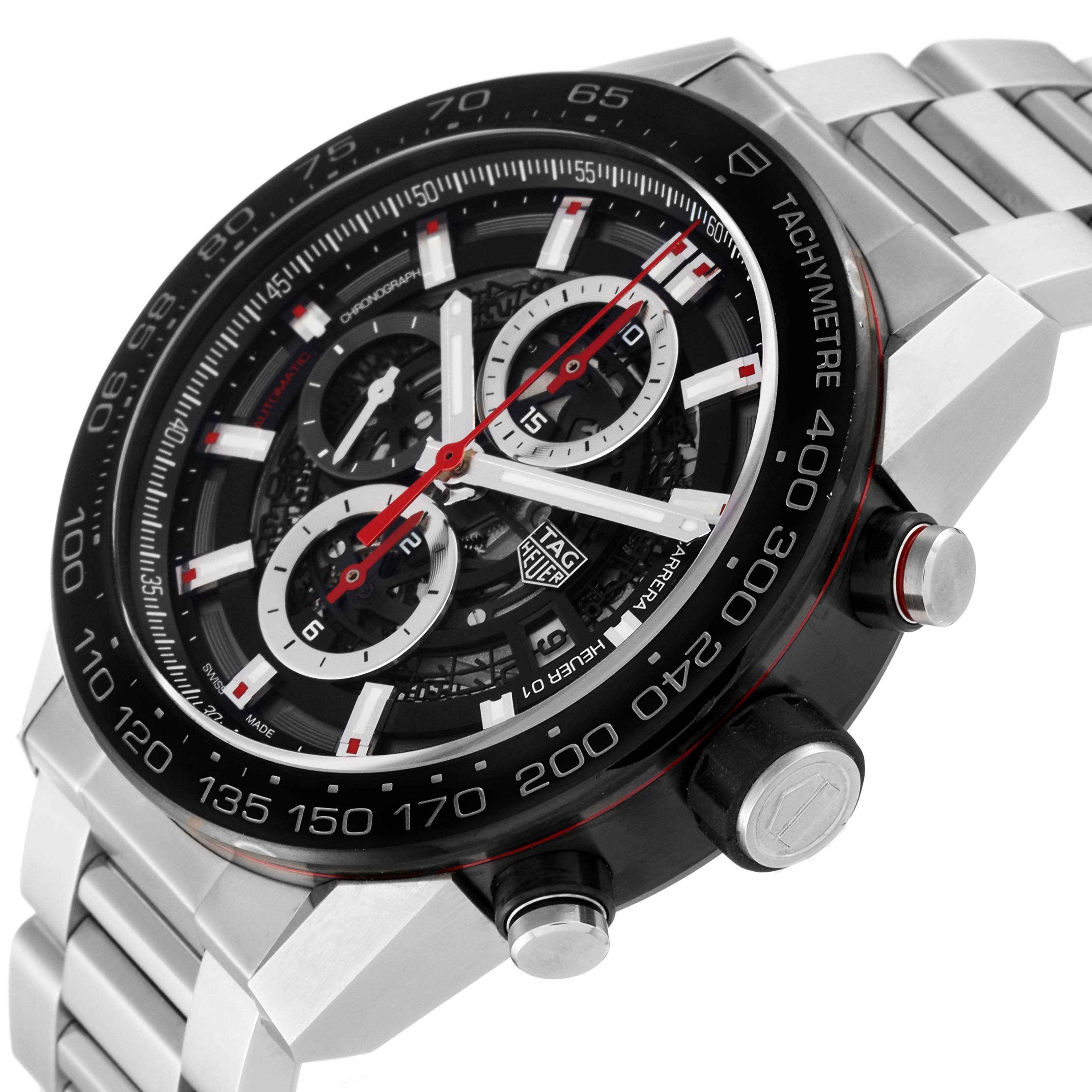 The image shows a close-up angle of a Tag Heuer Carrera CAR2A1Z.FT6044 Men's Stainless Steel Transparent Dial CAR2A1Z.FT6044 Men's Stainless Steel Transparent Dial model watch, highlighting its face, bezel, and part of the bracelet.