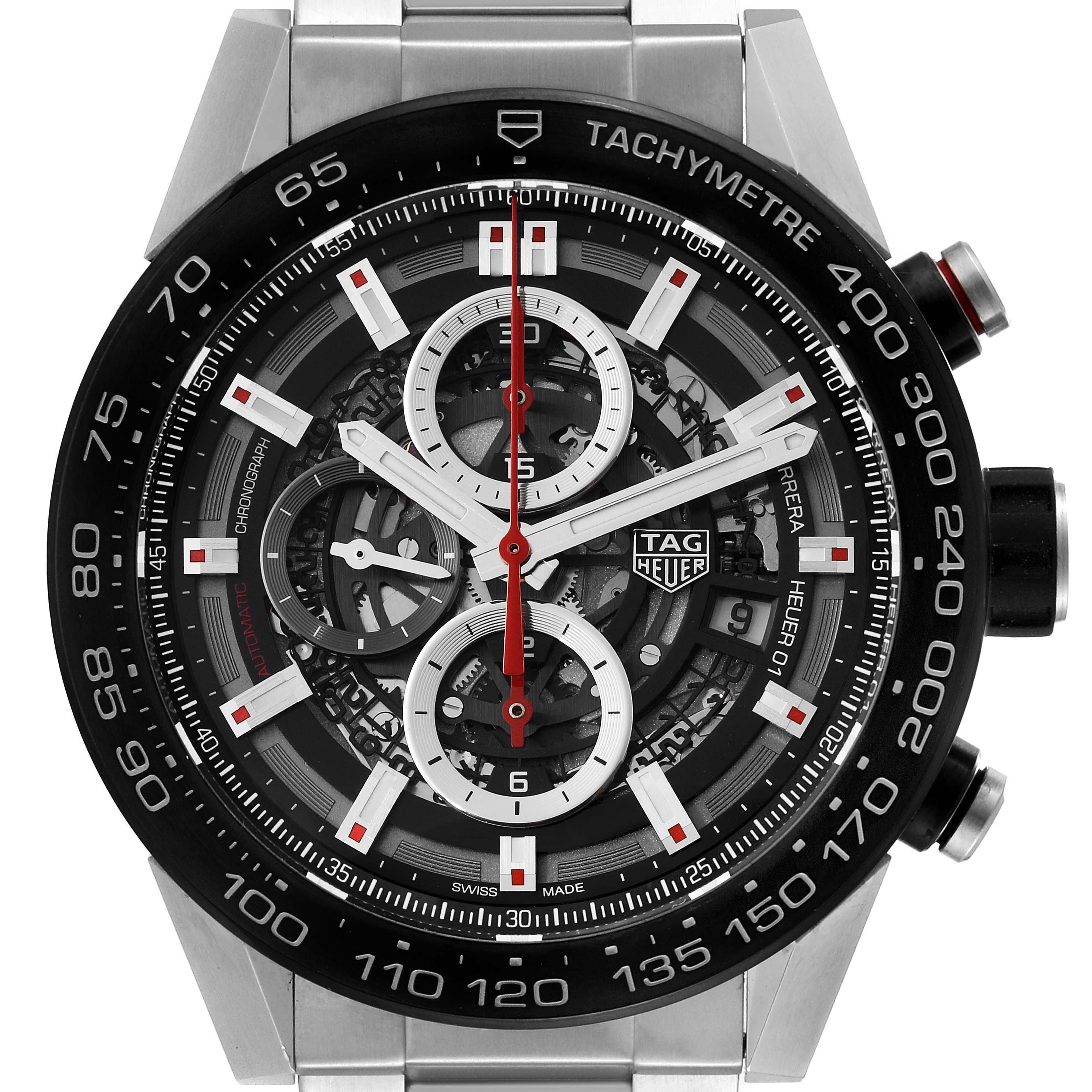 The image shows a close-up view of the dial and bezel of the Tag Heuer Carrera CAR2A1Z.FT6044 Men's Stainless Steel Transparent Dial CAR2A1Z.FT6044 Men's Stainless Steel Transparent Dial watch, highlighting the chronograph and tachymeter features.