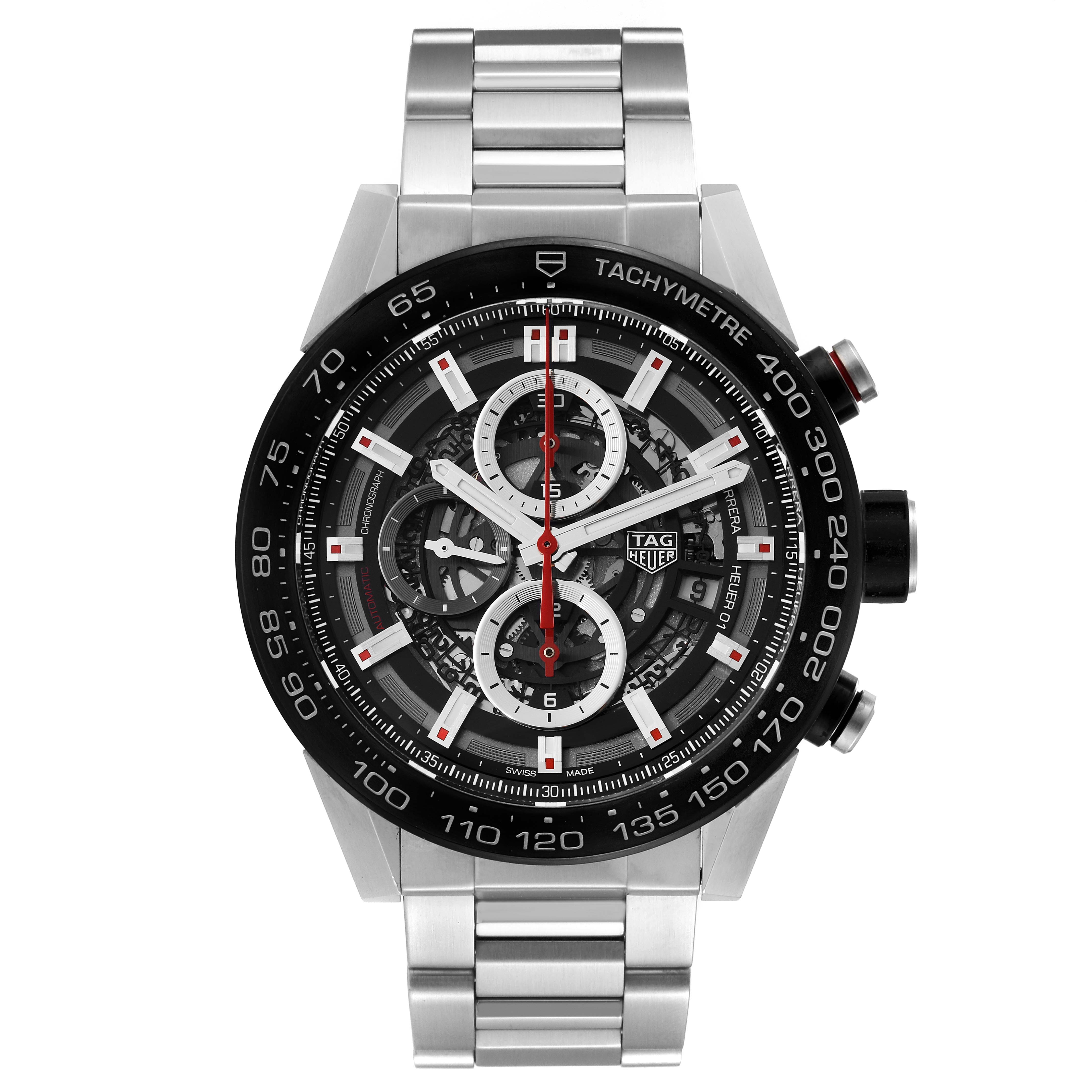 This image shows a front view of the Tag Heuer Carrera CAR2A1Z.FT6044 Men's Stainless Steel Transparent Dial CAR2A1Z.FT6044 Men's Stainless Steel Transparent Dial watch, showcasing its face, bezel, and stainless steel band.
