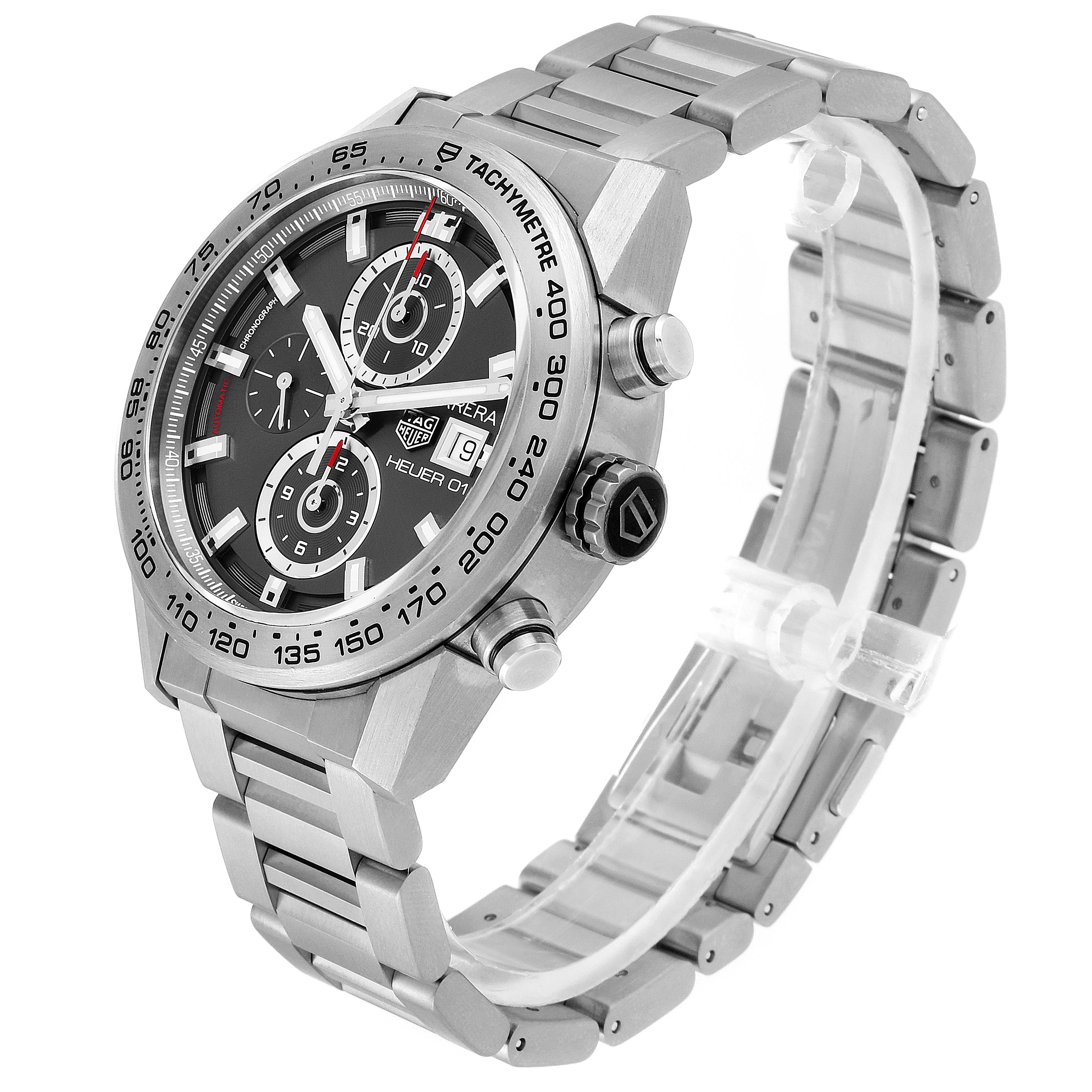 The image shows a Tag Heuer Carrera CAR208Z.BF0719 Men's Titanium Grey Dial CAR208Z.BF0719 Men's Titanium Grey Dial model watch from a front-left angle, highlighting its tachymeter bezel and stainless steel bracelet.