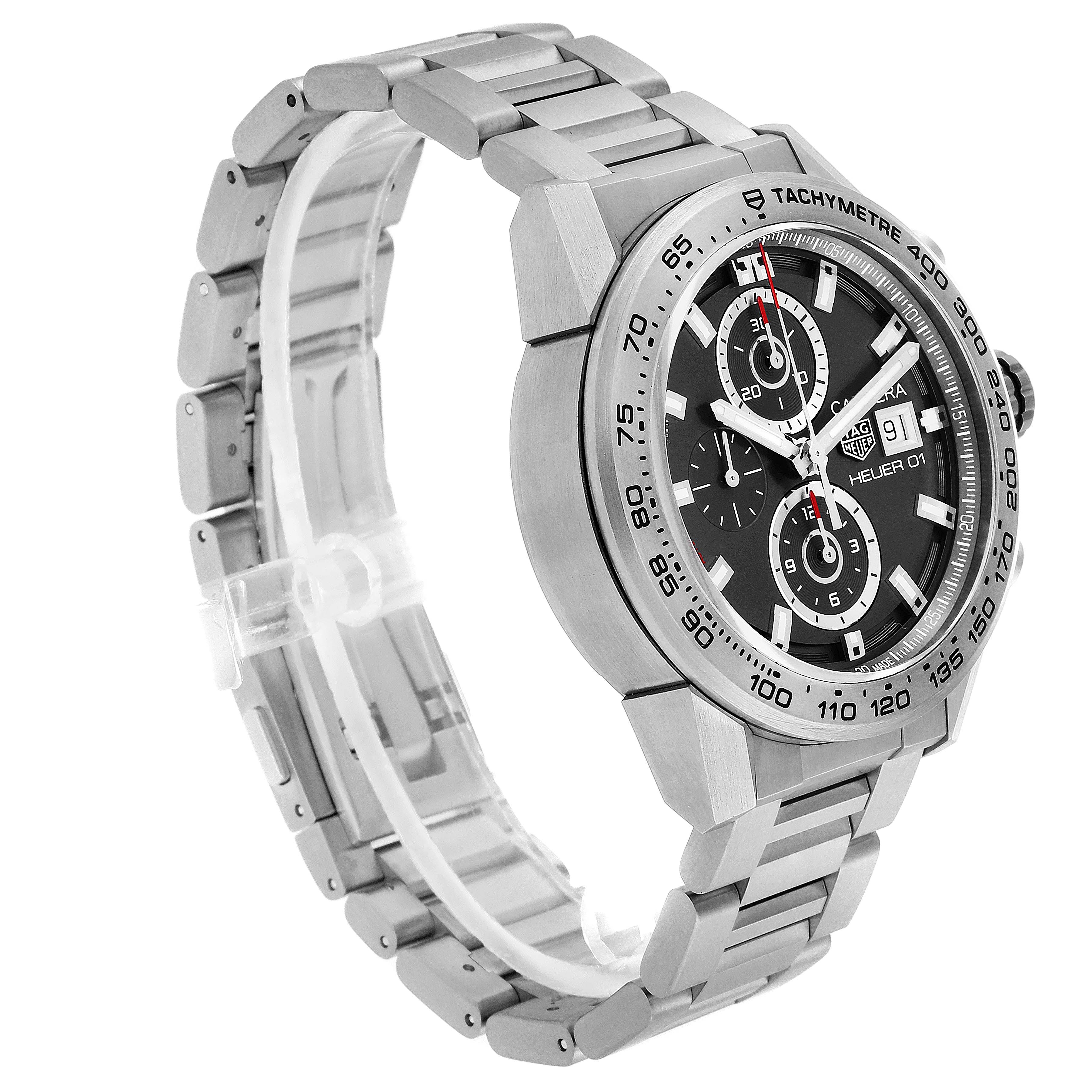 The image shows a side angle of a Tag Heuer Carrera CAR208Z.BF0719 Men's Titanium Grey Dial CAR208Z.BF0719 Men's Titanium Grey Dial watch, highlighting its metal bracelet, case, and tachymeter bezel.