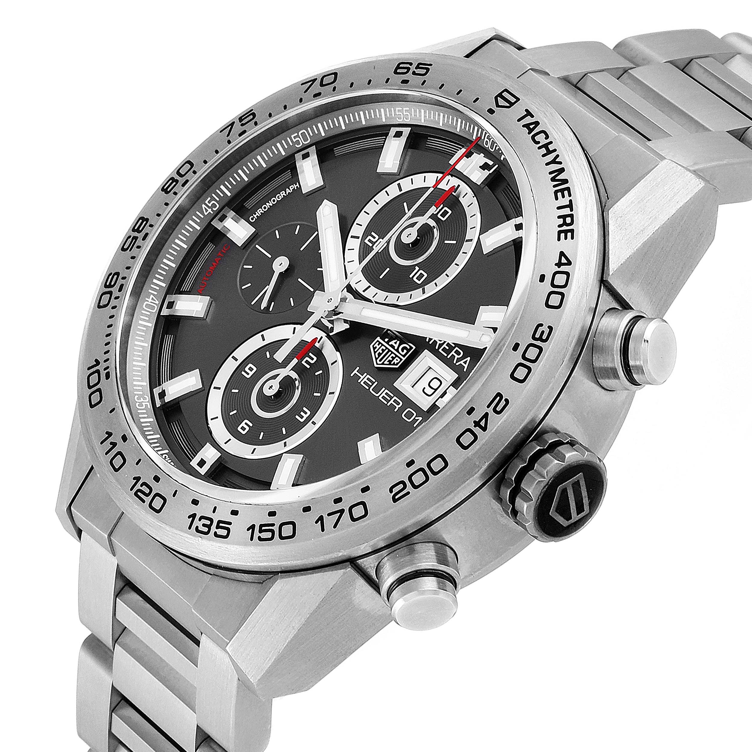 The Tag Heuer Carrera CAR208Z.BF0719 Men's Titanium Grey Dial CAR208Z.BF0719 Men's Titanium Grey Dial watch is shown at a three-quarter angle displaying the face, chronograph dials, tachymeter bezel, and part of the bracelet.