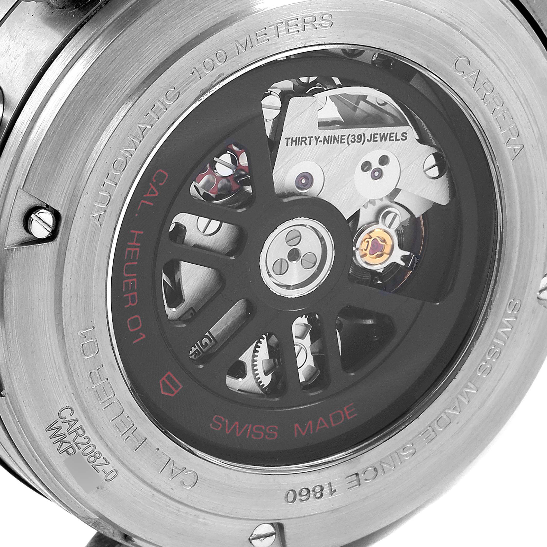 The image shows the open back view of a Tag Heuer Carrera CAR208Z.BF0719 Men's Titanium Grey Dial CAR208Z.BF0719 Men's Titanium Grey Dial watch, revealing its inner mechanical movement.