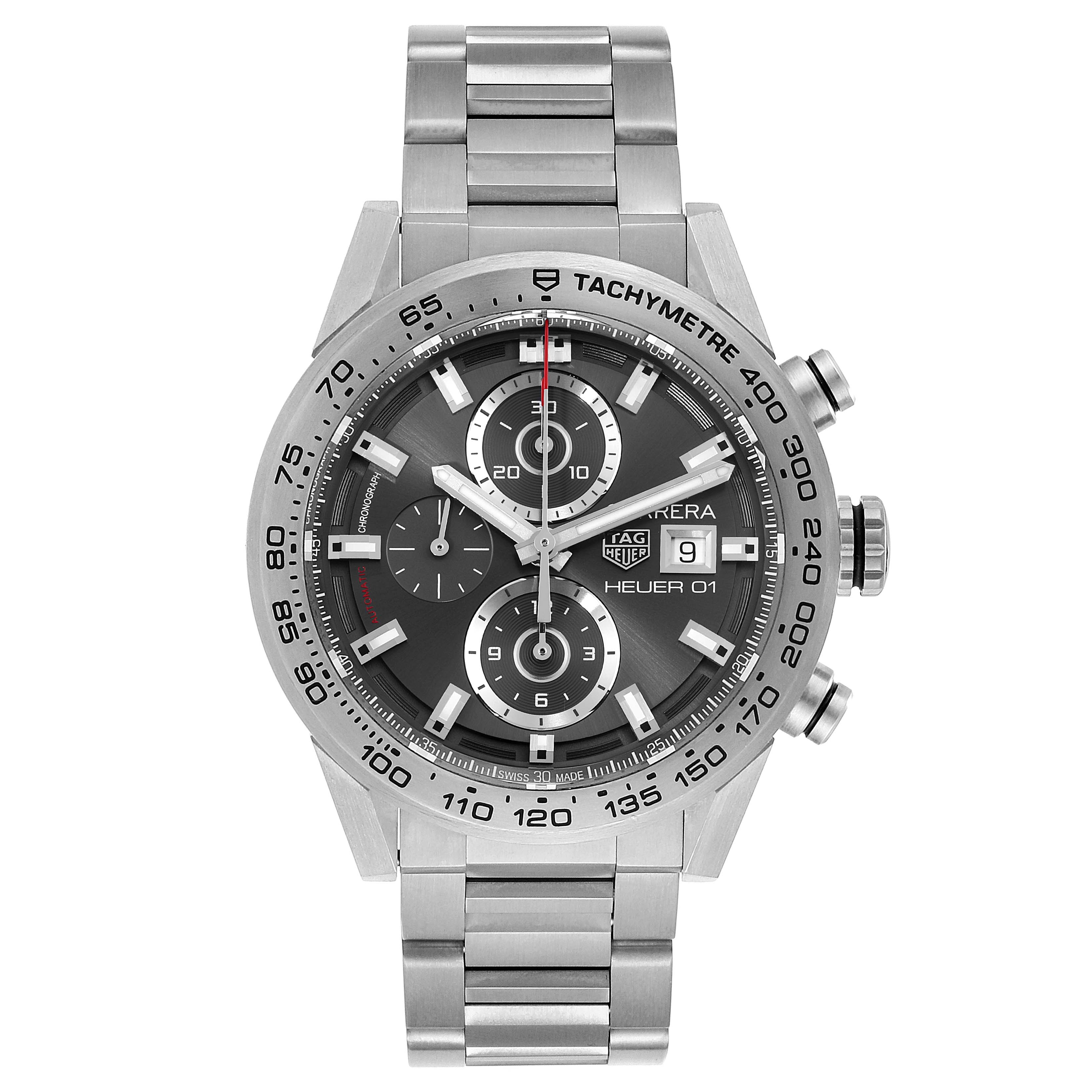 The image shows a front view of a Tag Heuer Carrera CAR208Z.BF0719 Men's Titanium Grey Dial CAR208Z.BF0719 Men's Titanium Grey Dial watch, highlighting the dial, bezel, and steel bracelet.