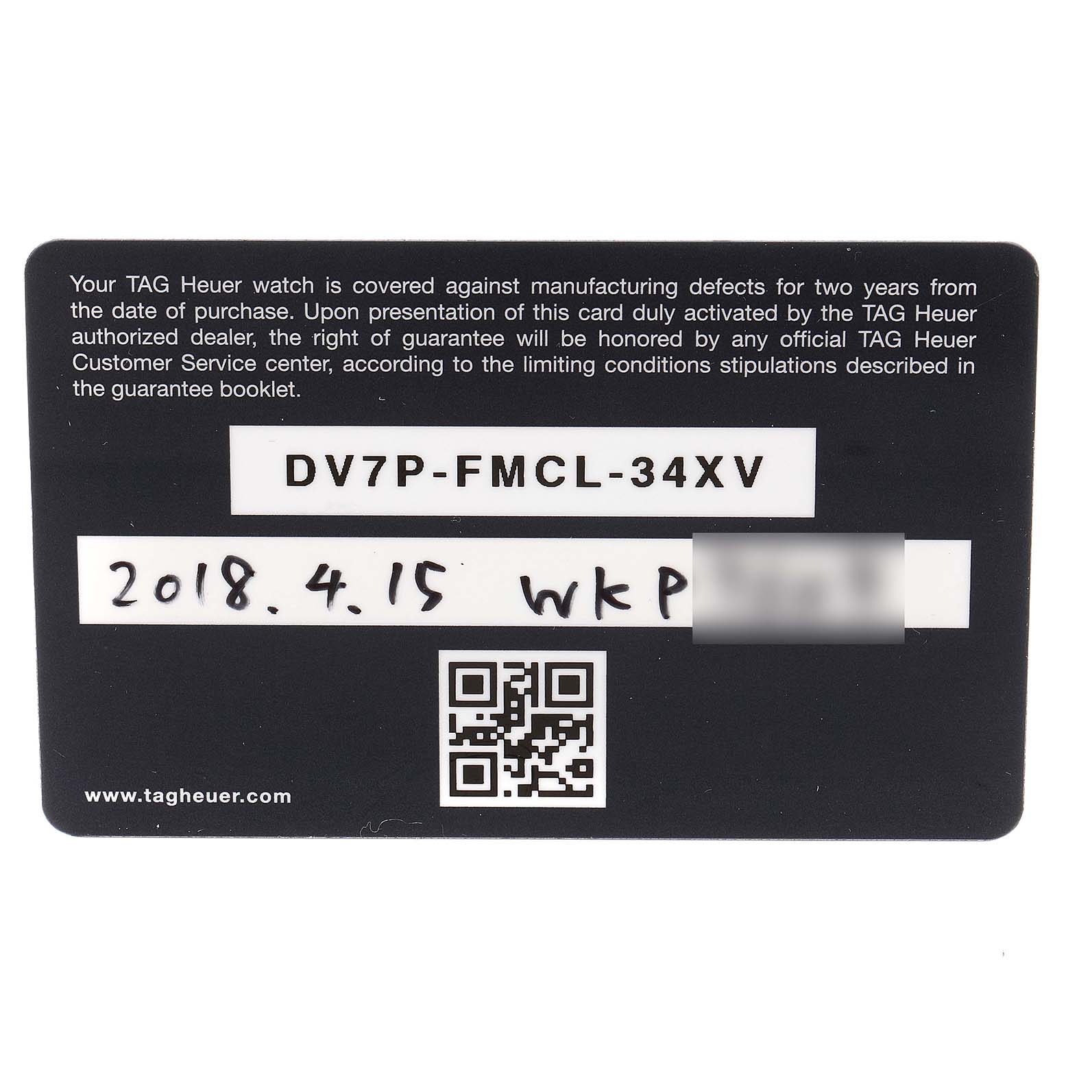This image shows a warranty card for the Tag Heuer Carrera CAR208Z.BF0719 Men's Titanium Grey Dial CAR208Z.BF0719 Men's Titanium Grey Dial model, featuring a serial number, QR code, and purchase date.